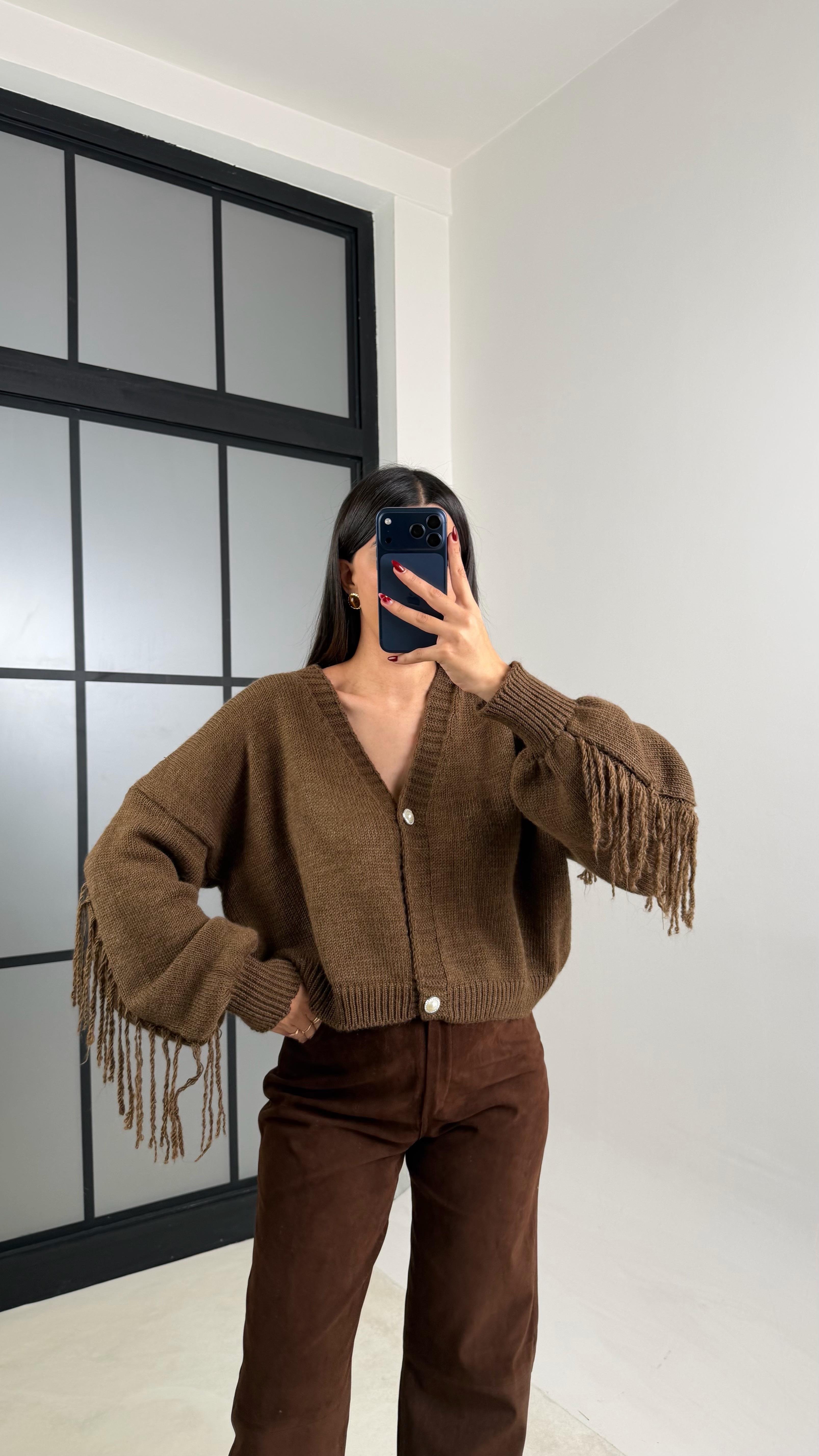 Kahve Saçaklı Düğmeli Triko Crop Hırka GAUS-00749GAUSHIRKAGAUS-00749