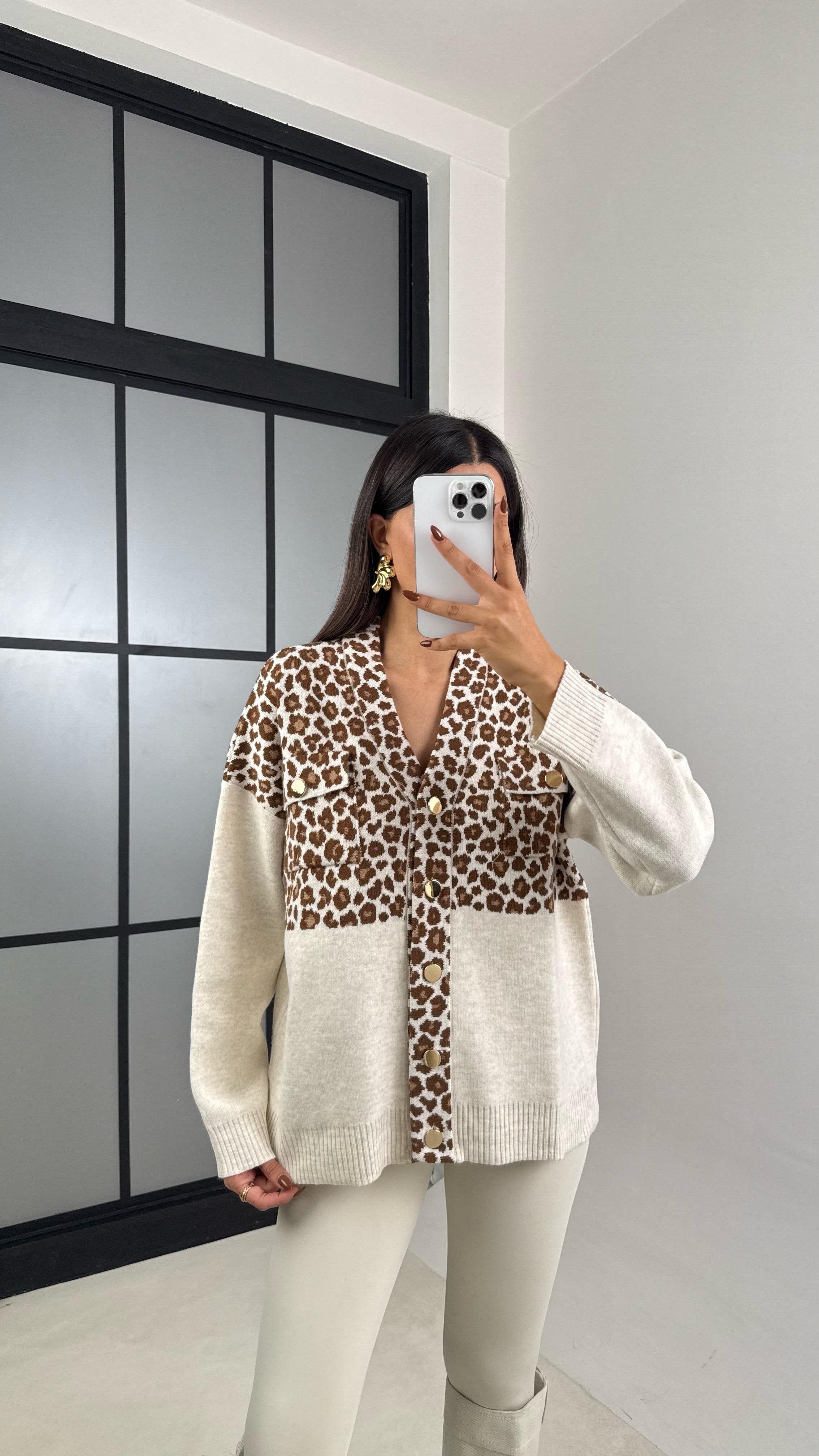 Bej Leopar Desenli Cepli Triko Hırka GAUS-00176GAUS الكارديغان  GAUS-00176