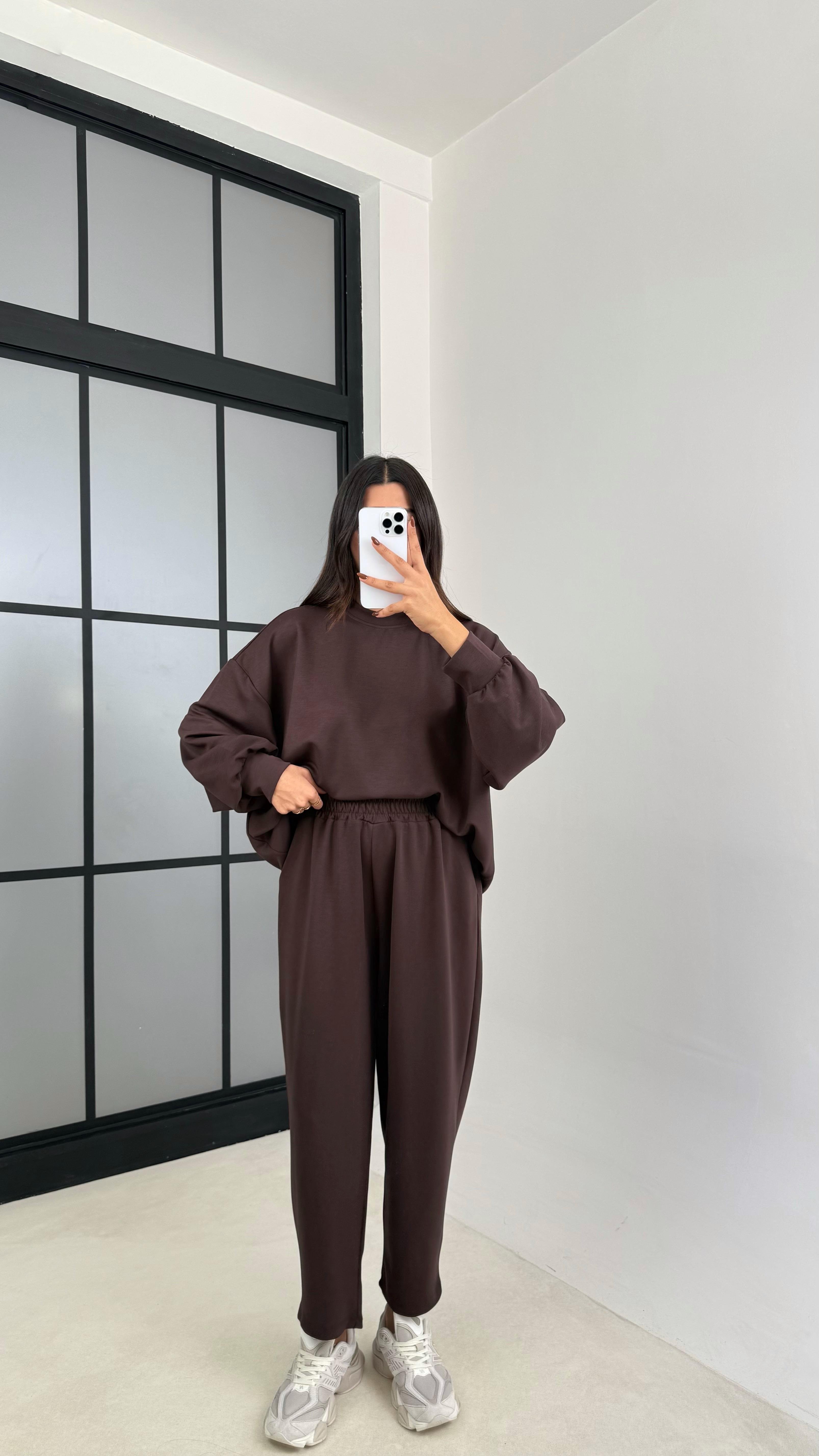 Acı Kahve Uzun Kol Kazak Beli Lastikli Pantolon İkili Modal Kumaş Takım GAUS-00135GAUSTAKIMGAUS-00135