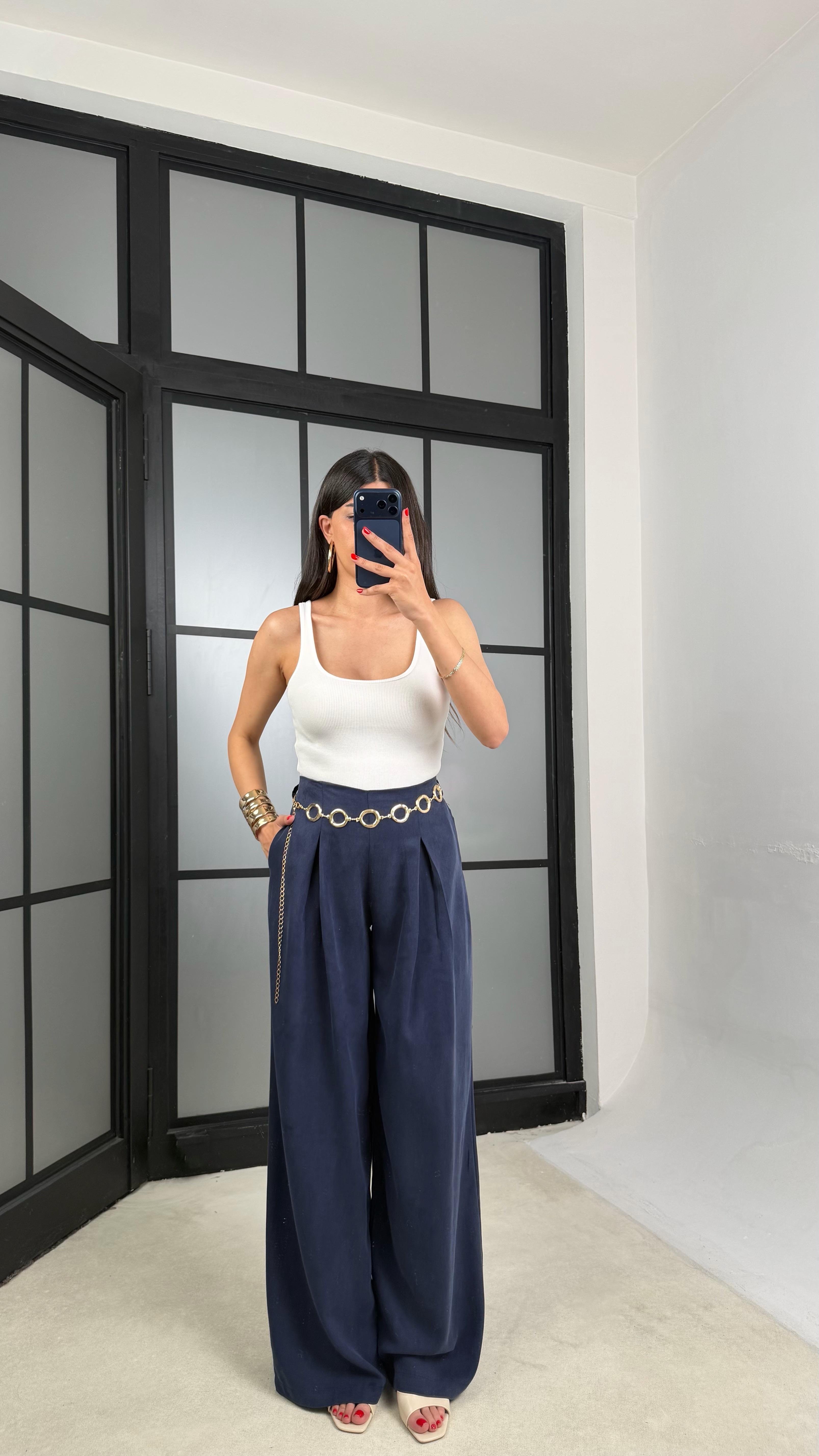Lacivert Gold Zincirli Kemer Muadil Tencel Pantolon GAUS-01556GAUSPANTOLONGAUS-01556