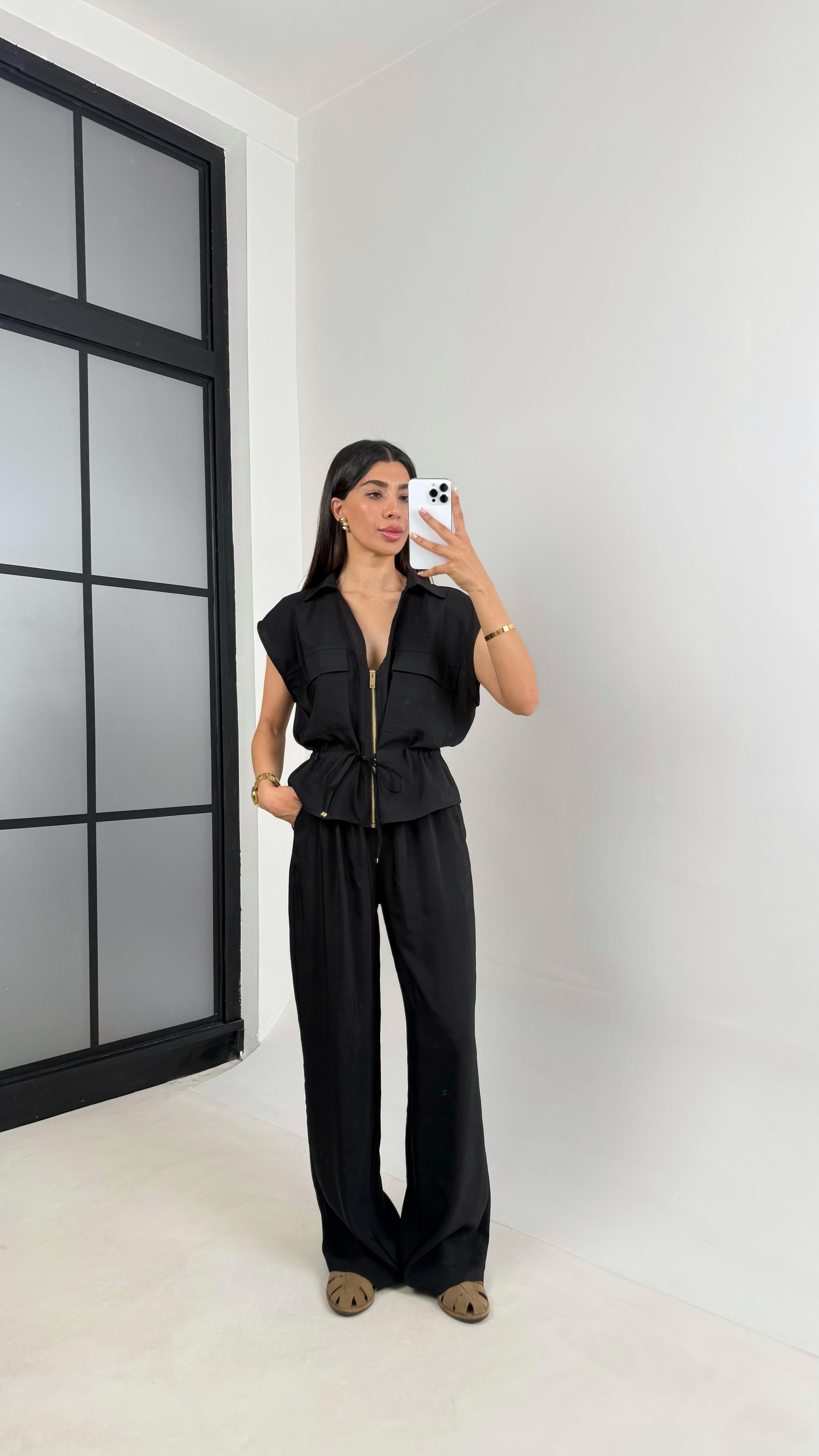 Siyah Cepli Bağlamalı Yelek Beli Lastikli Pantolon İkili Tencel Takım Gaus00546GausTAKIMGU1002277