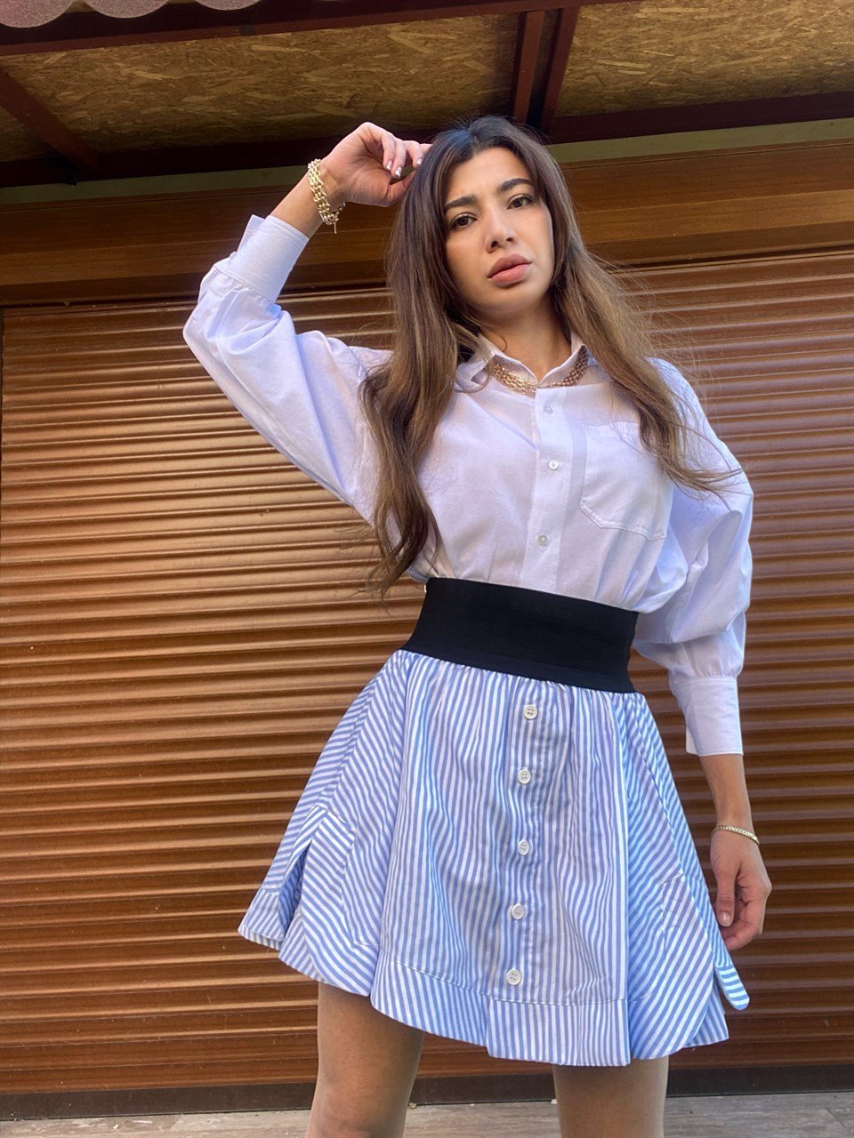 Çizgili Pileli Fermuar Detaylı Etek 