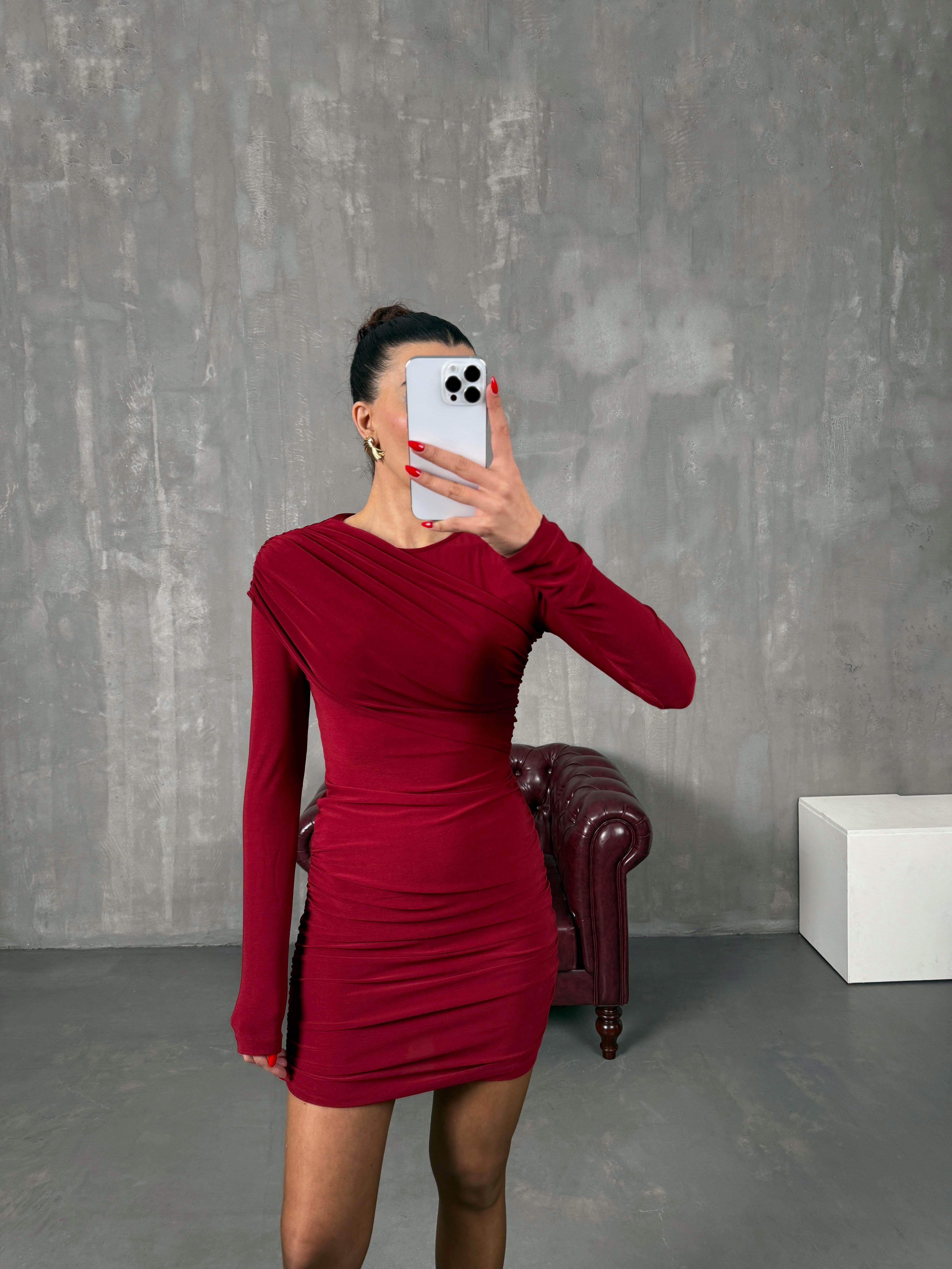 Senna Bordo Drapeli Elbise