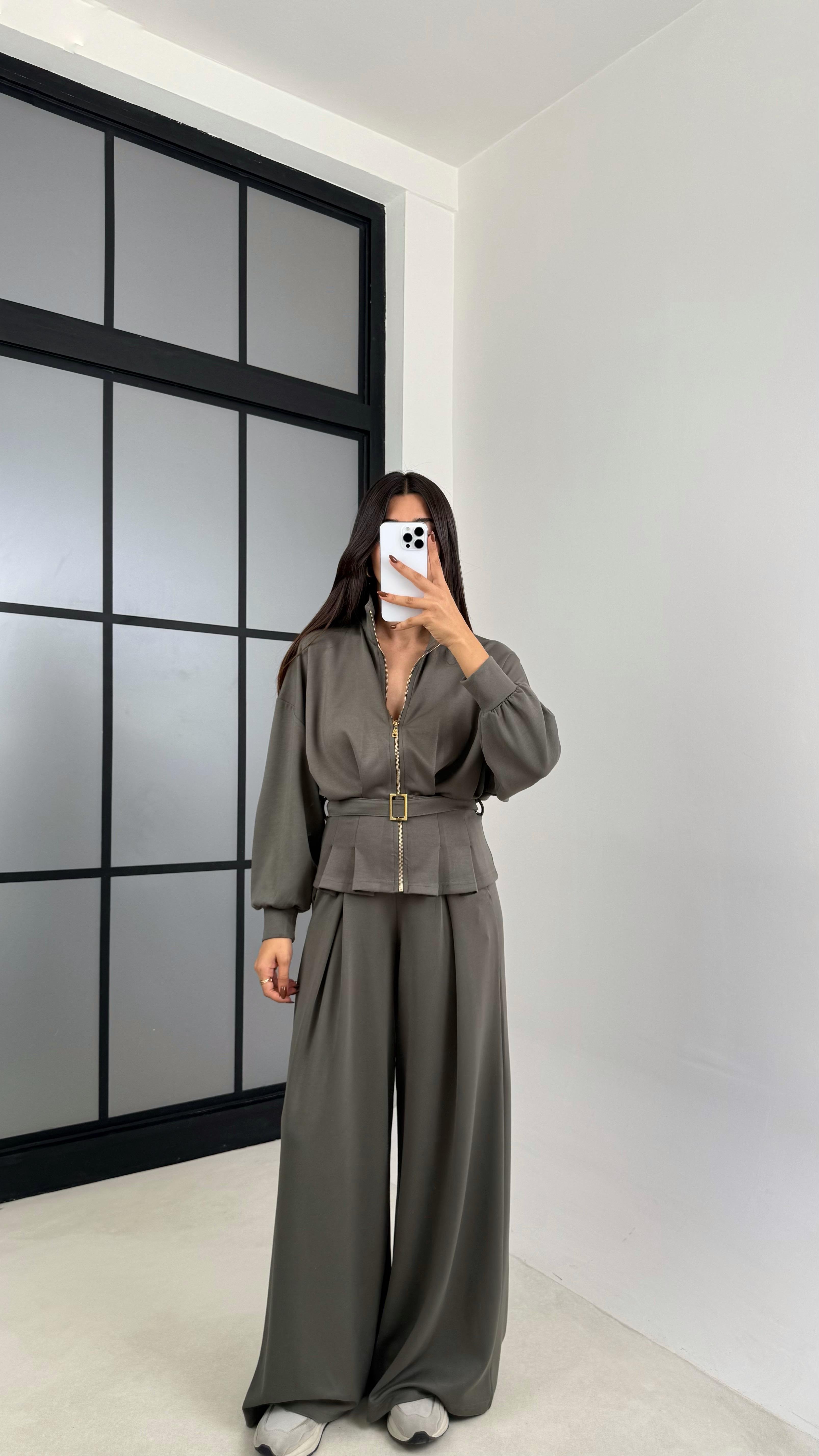 Haki Kemer Detaylı Hırka Beli Lastikli Geniş Paça Pantolon Modal Takım GAUS-00188GAUSTAKIMGAUS-00188