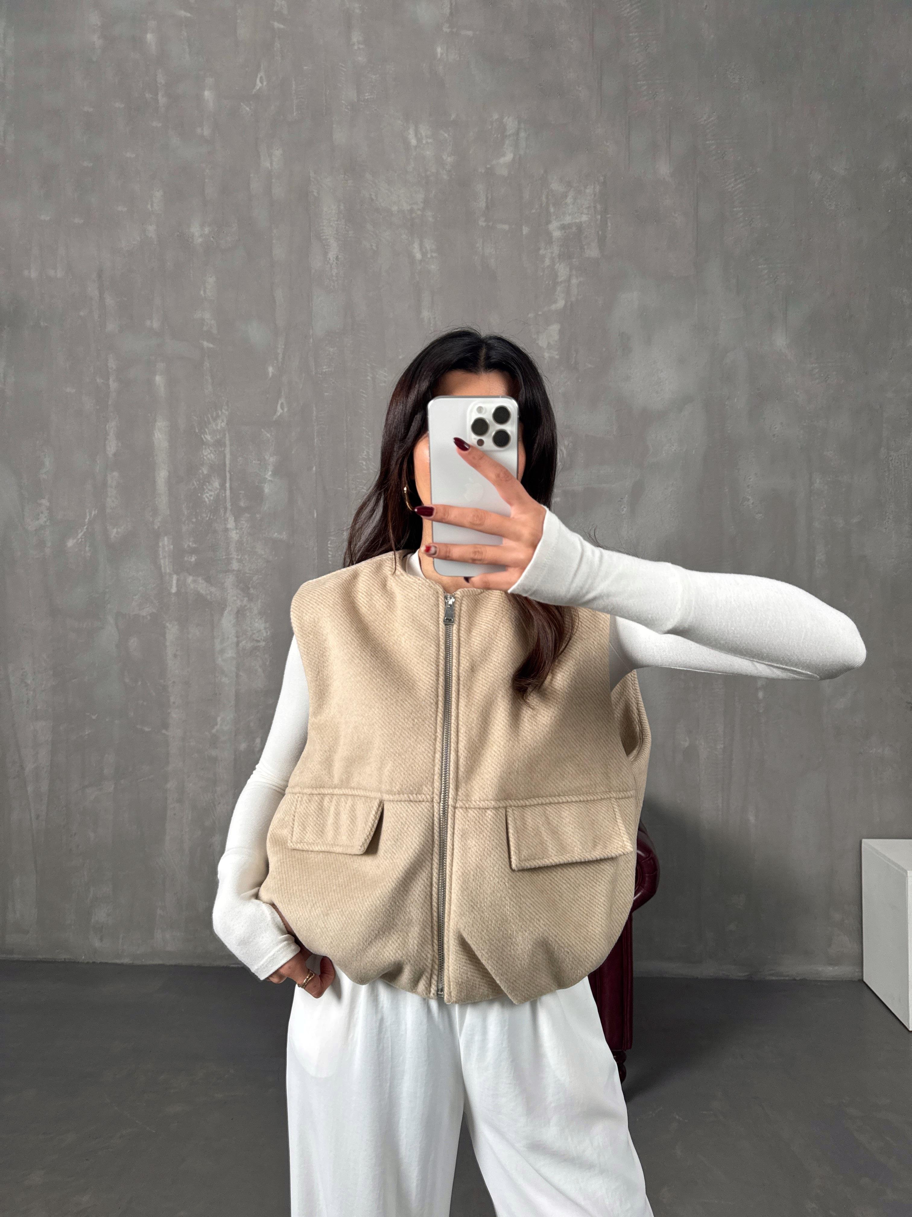 Exer Bej Fermuarlı Astarlı Kaşe YelekGausYELEKGU10036