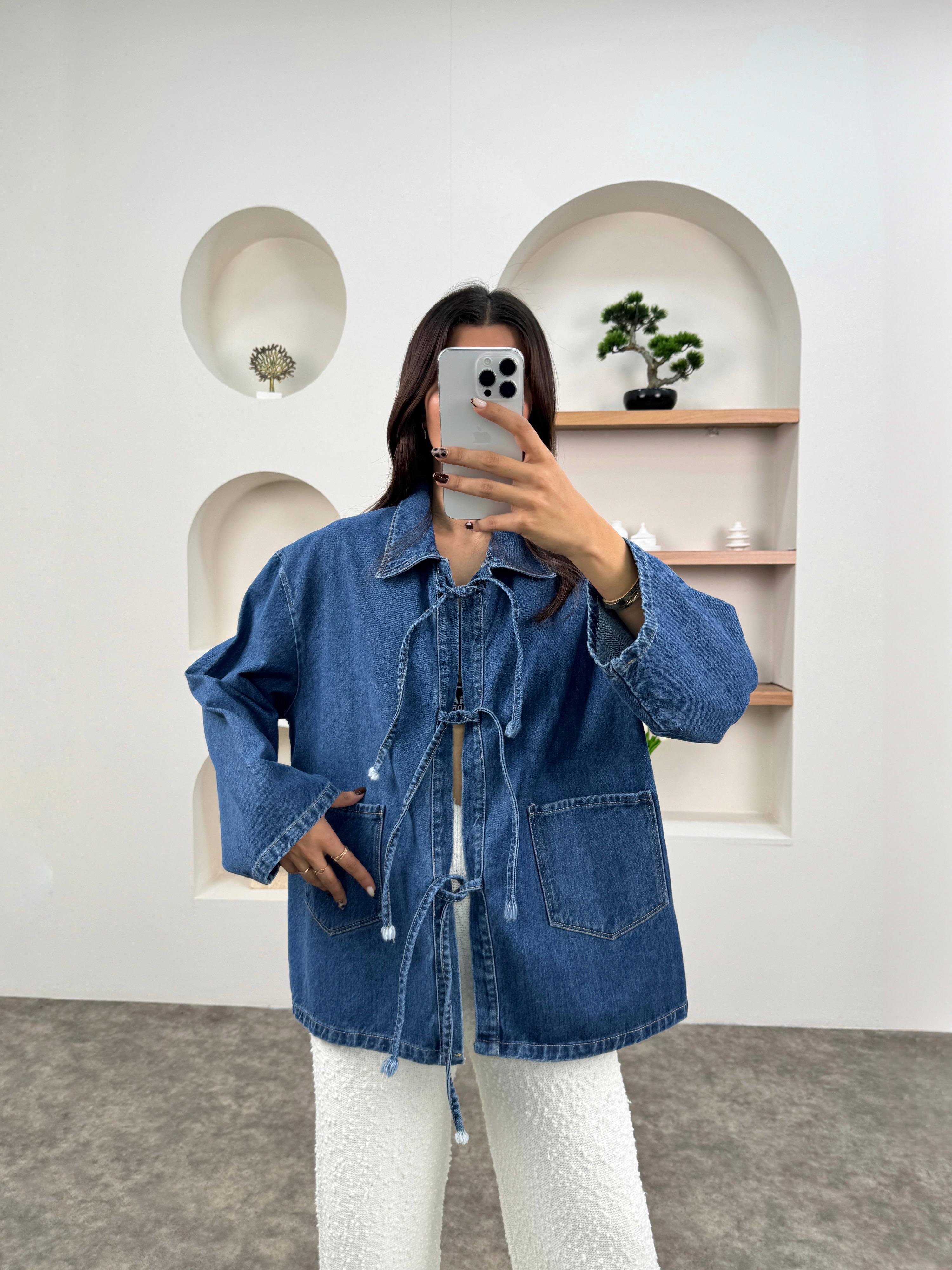 Lessa Mavi Kot Önden Bağlamalı Cepli Ceket