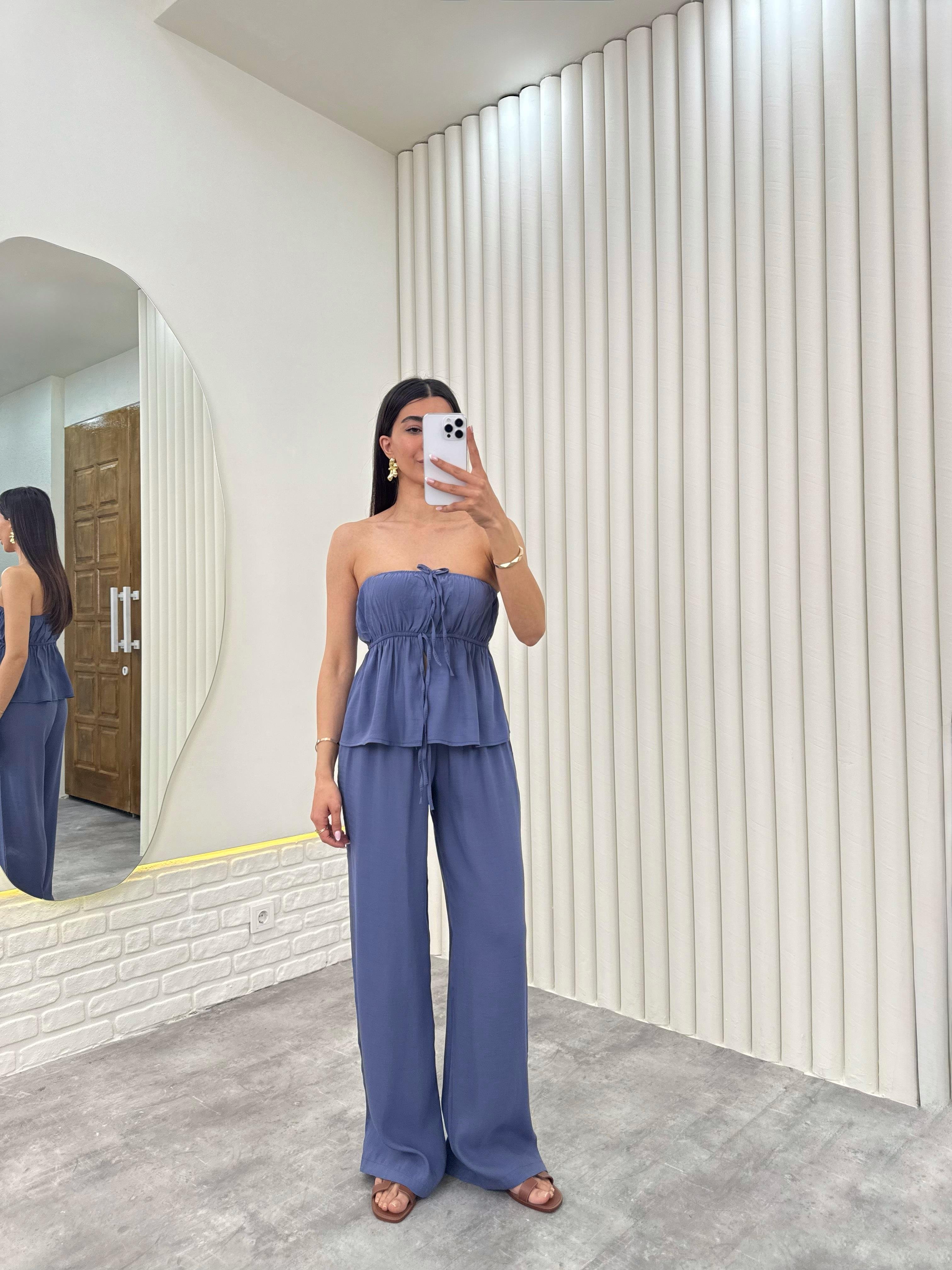 İndigo Straplez Yırtmaçlı Üst İkili Tensel Takım Gaus00275GausTAKIMGU1001640