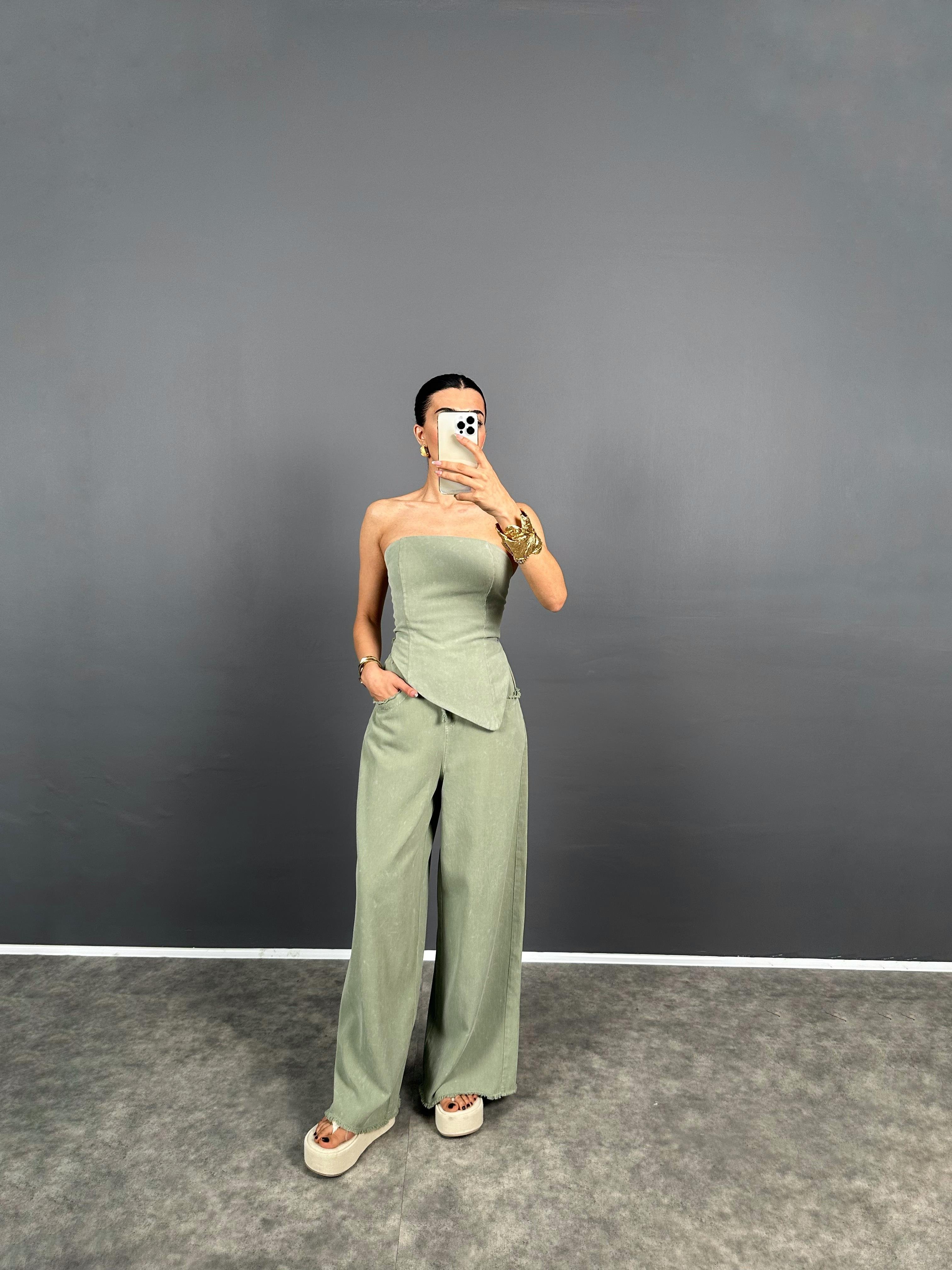 Spino Haki Yeşil Gabardin Crop Bol Paça Pantolon TakımGausTAKIMGU008557