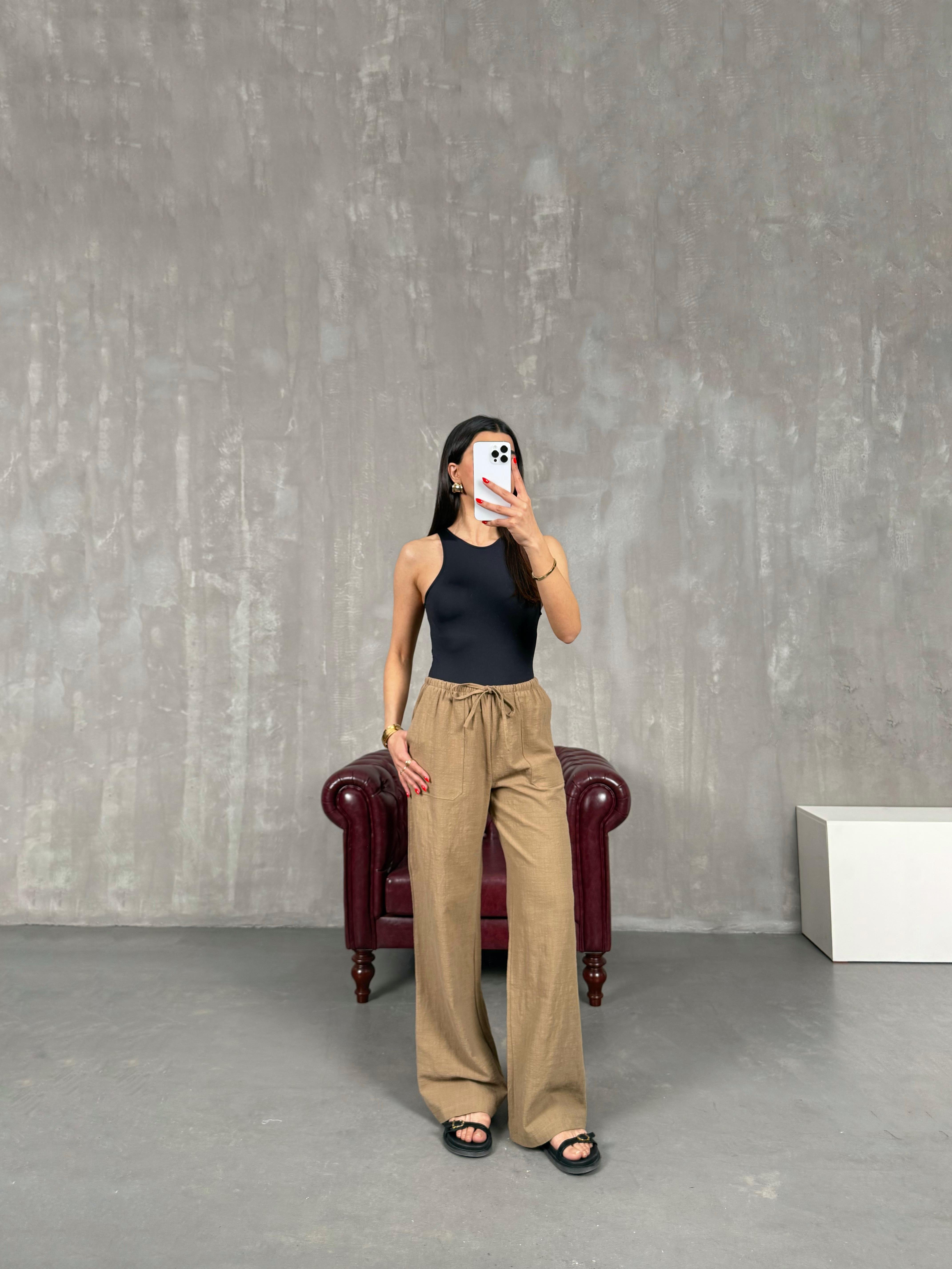 Kahve Beli Lastikli Keten Pantolon Gaus00156GausPANTOLONGU1001359