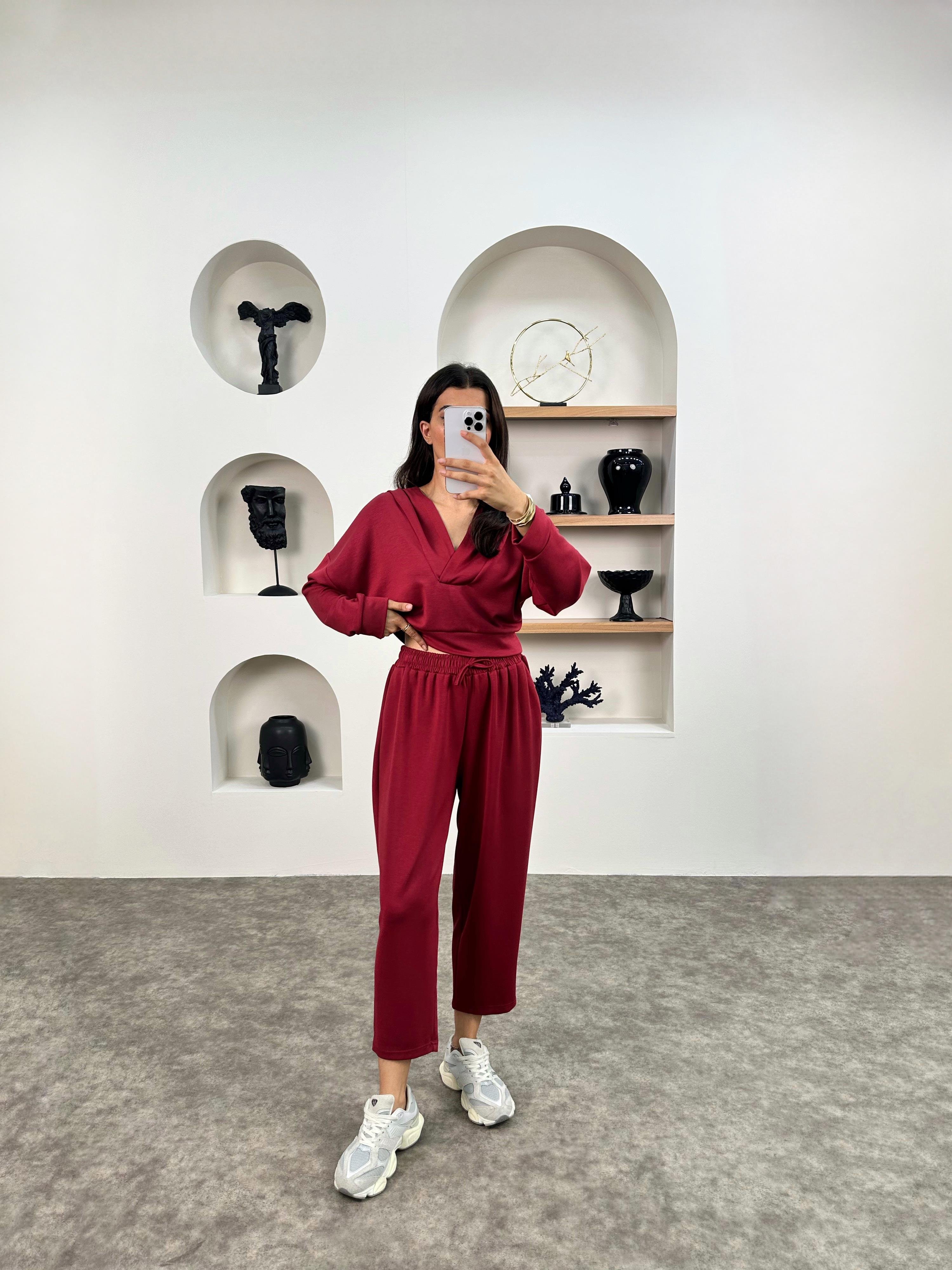 Nevia Bordo Modal Kumaş Kapüşonlu Rahat İkili TakımGausTAKIMGU008954