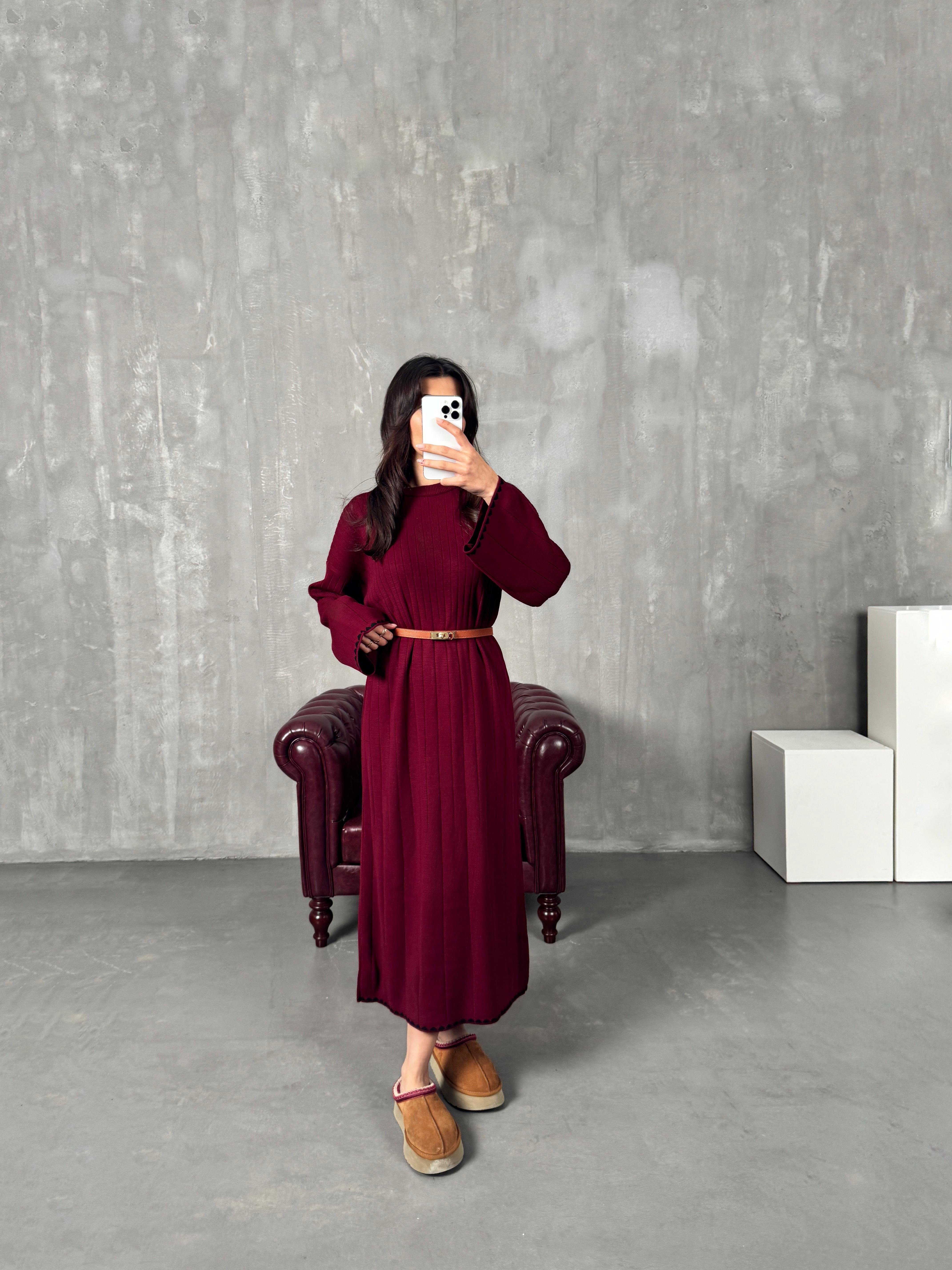 Terav Bordo Premium Triko Elbise