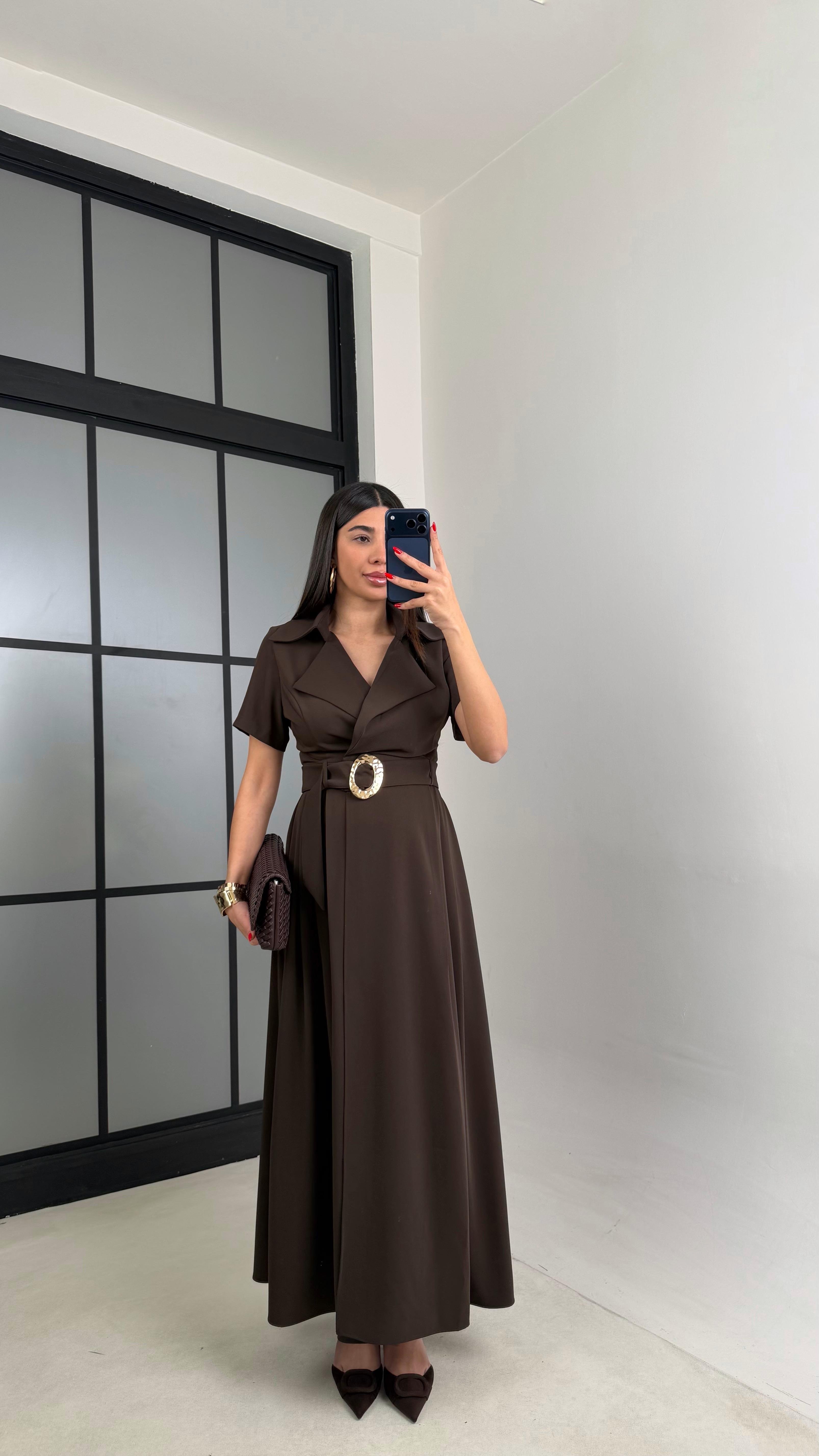 Acı Kahve Gold Toka Kuşaklı Krep Kumaş Uzun Elbise GAUS-00974GAUSDressesGAUS-00974