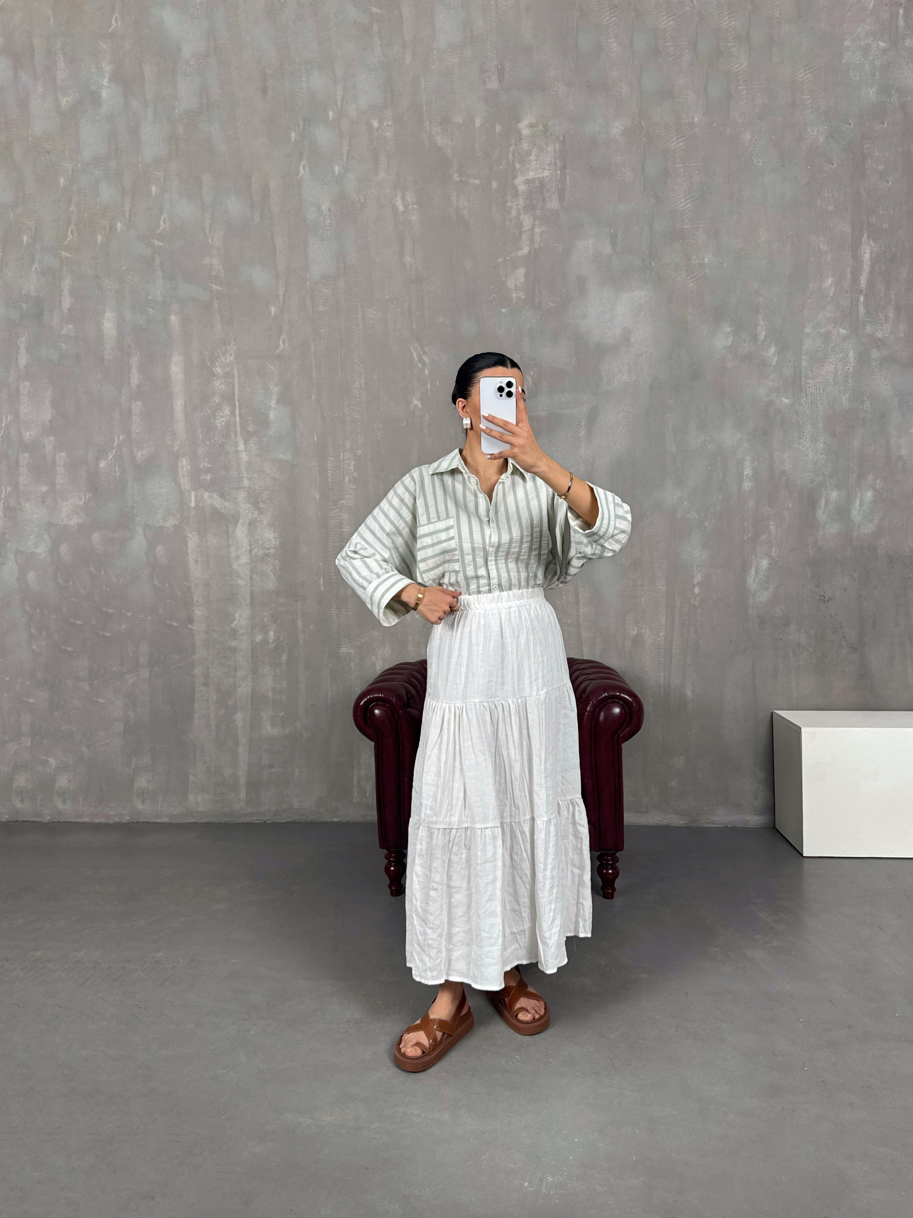 Beyaz Beli Lastikli Kırışık Kloş Etek Gaus00018