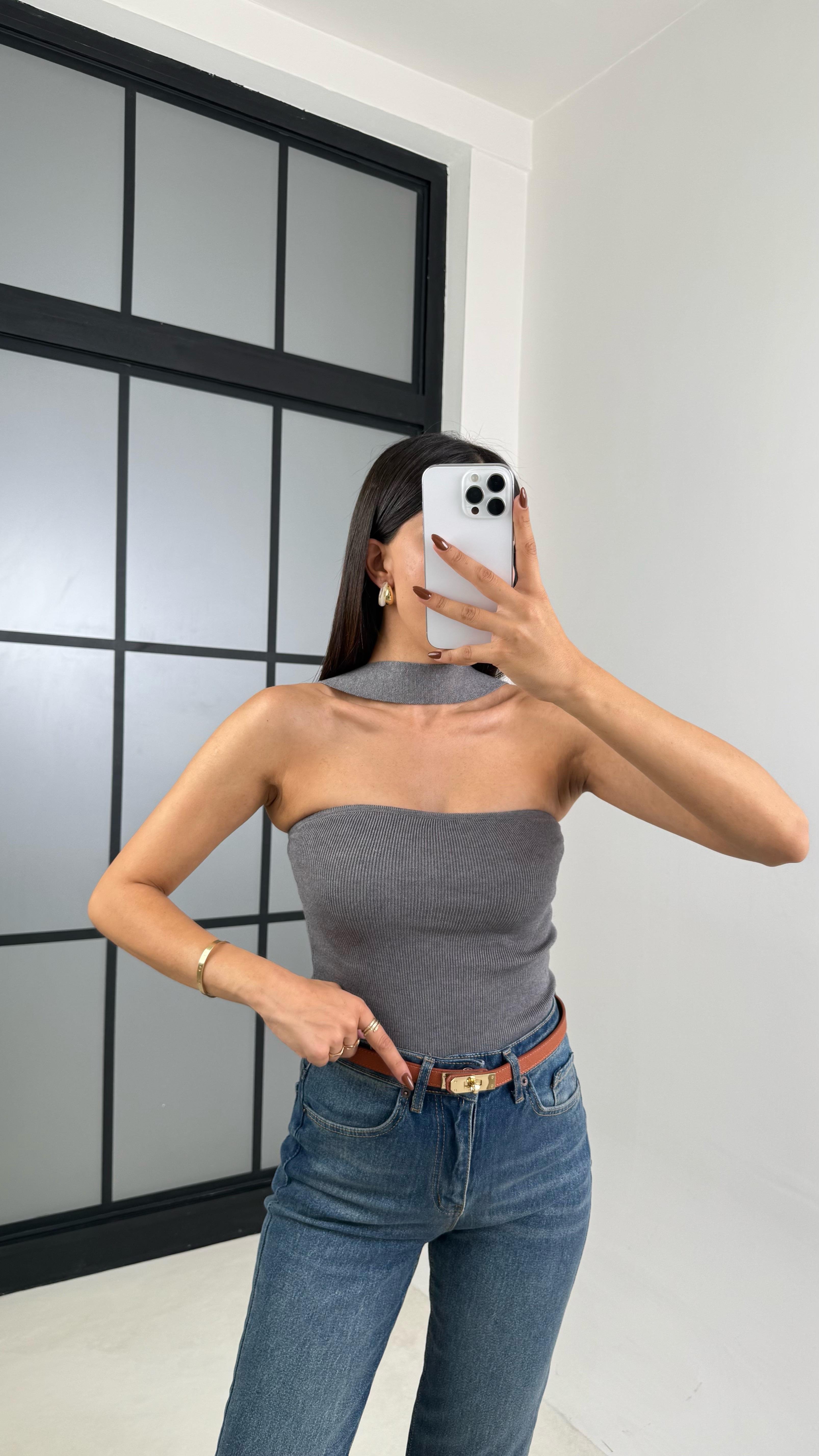 Gri Boyundan Bağlamalı Tasarım Triko Bluz GAUS-00175GAUS التريكو GAUS-00175