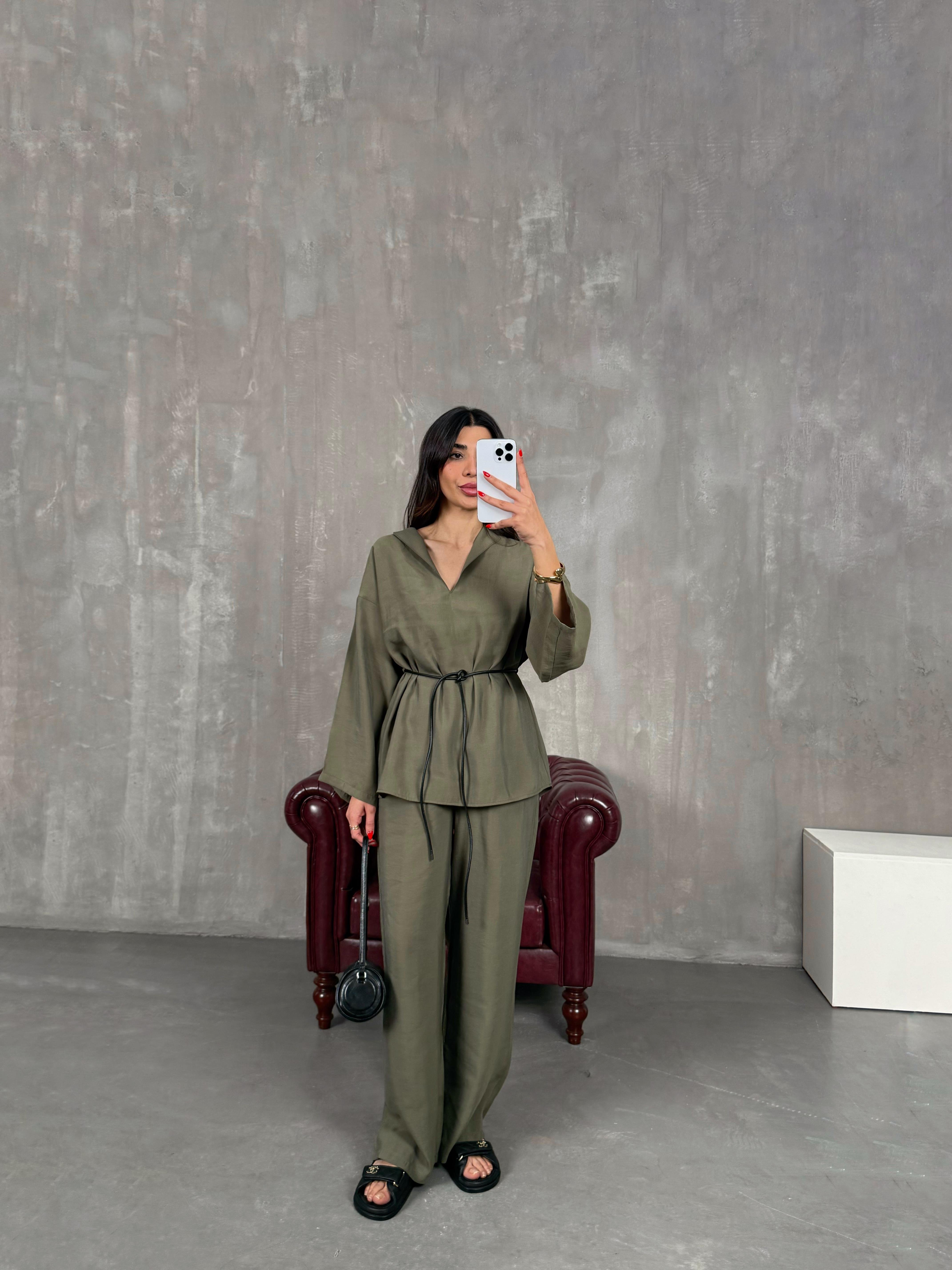 Haki V Yaka Deri Kuşaklı Tensel Takım Gaus00205GausTAKIMGU1001482