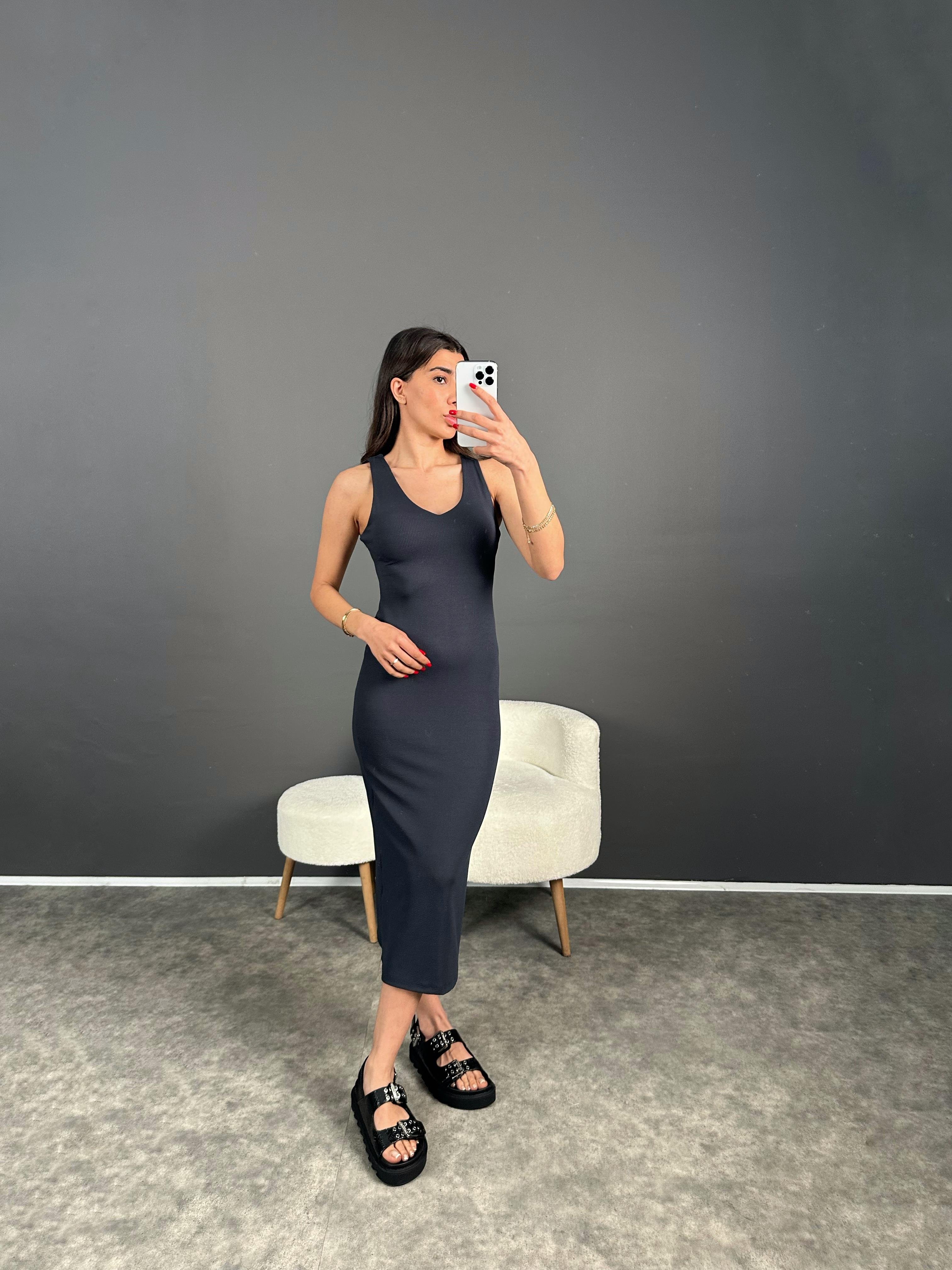Füme V Yaka Midi Boy Basic ElbiseGausELBİSEGU007145