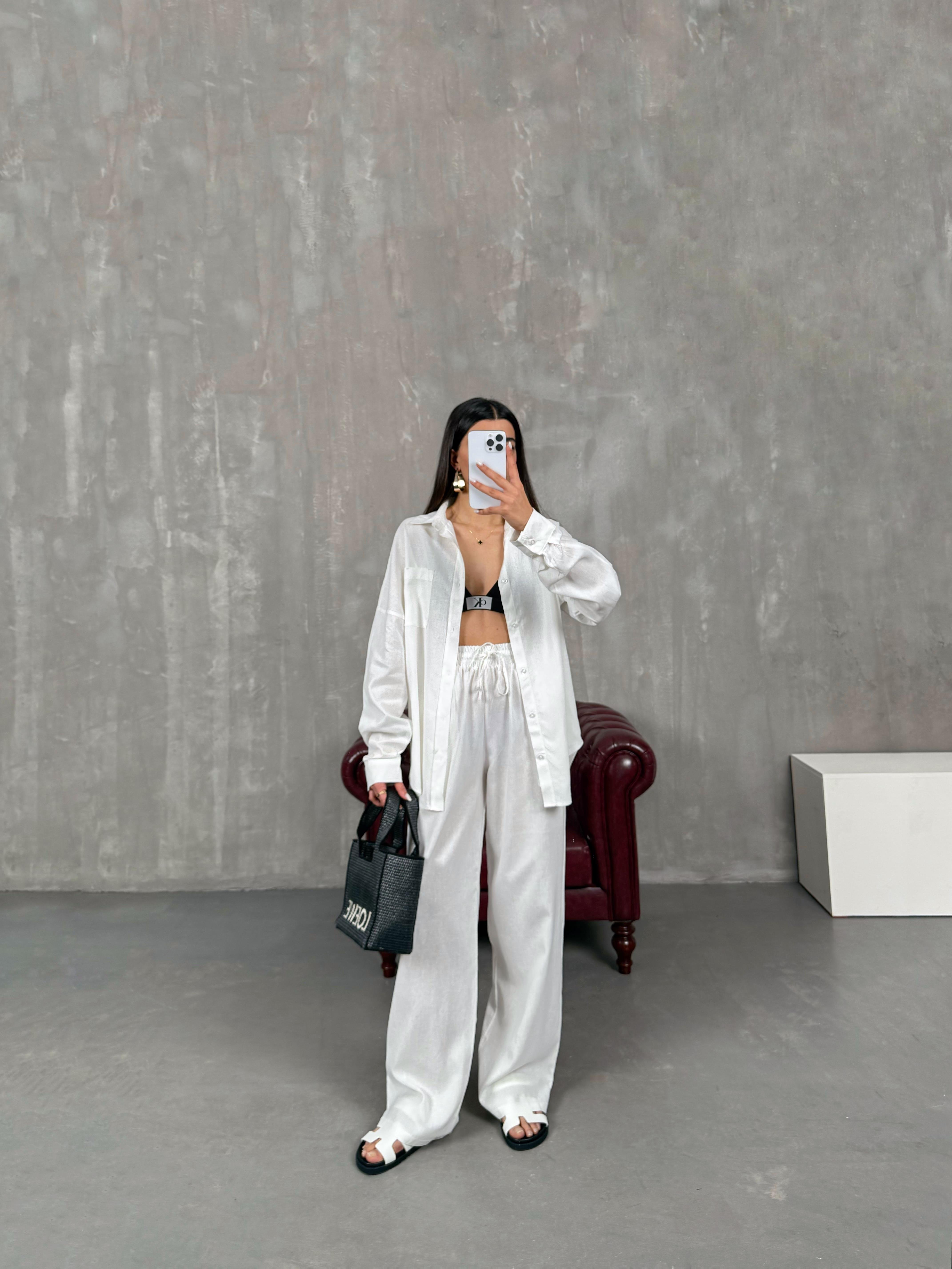 طقم مُعادل كتان لون أبيض بنطال قميص Gaus00080