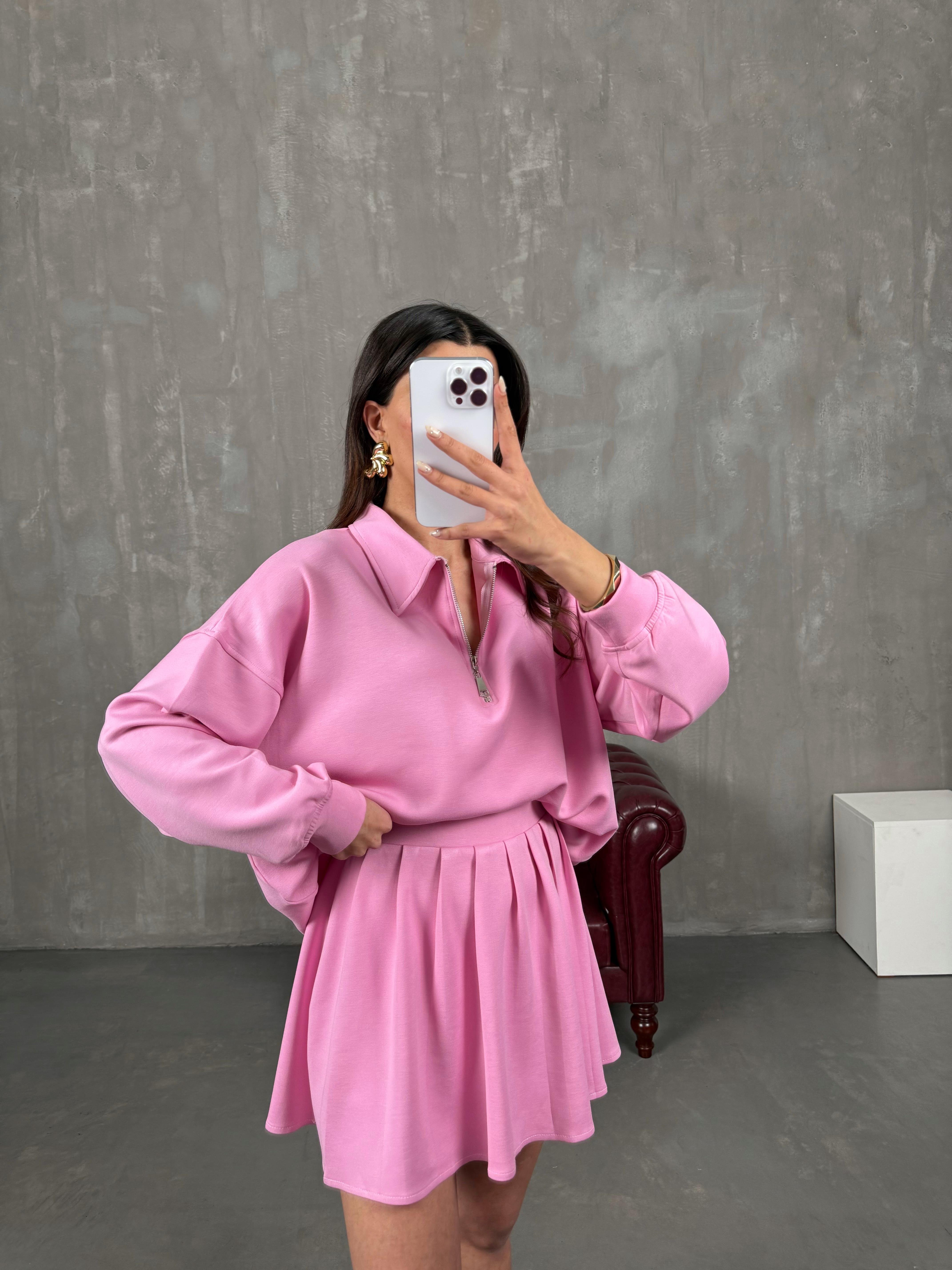 Mizu Pembe Yaka Fermuarlı Sweat Pileli Şortlu Etek Modal TakımGausTAKIMGU100785