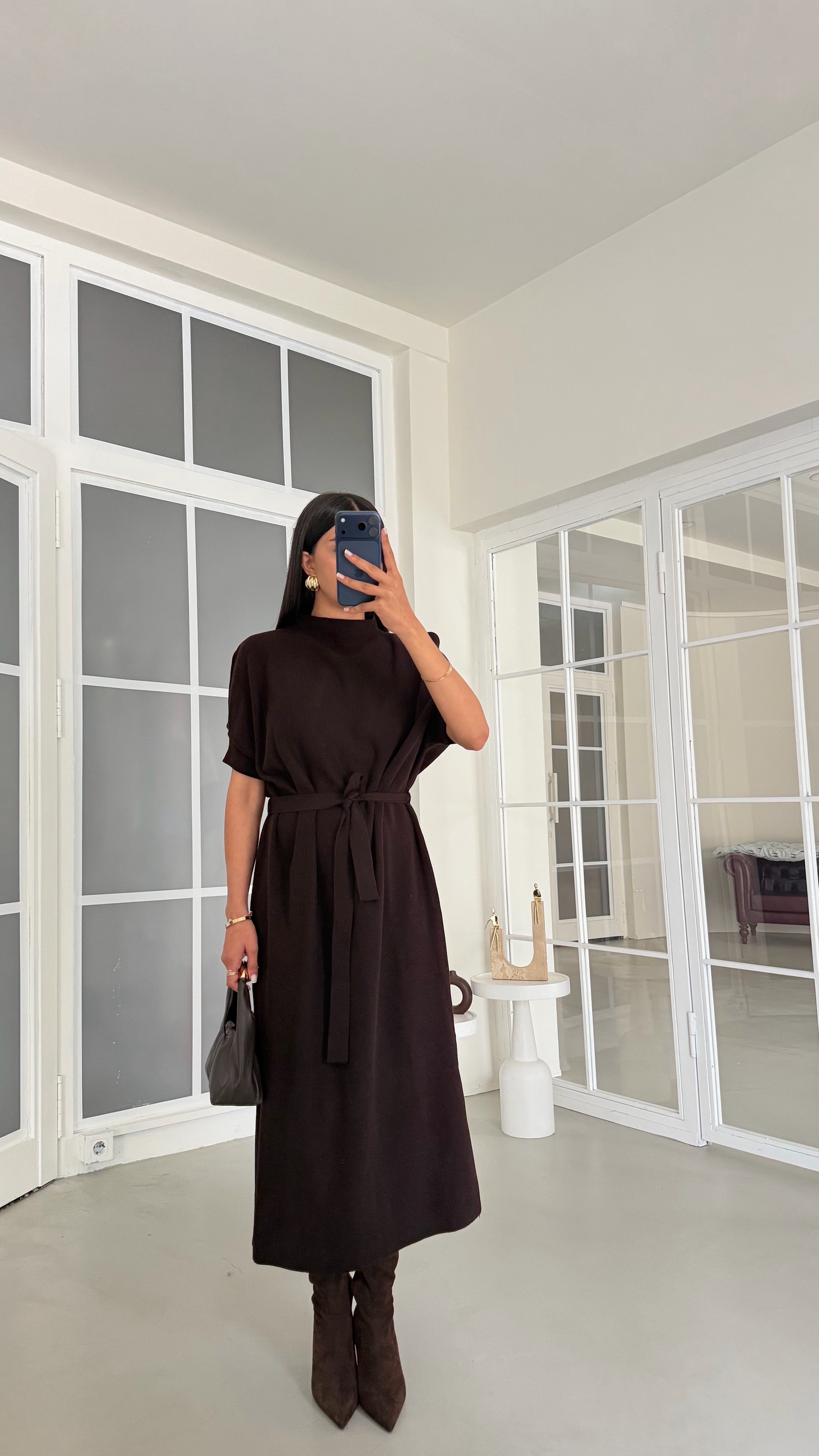 Acı Kahve Kuşaklı Triko Midi Elbise GAUS-02144GAUSELBİSEGAUS-02144