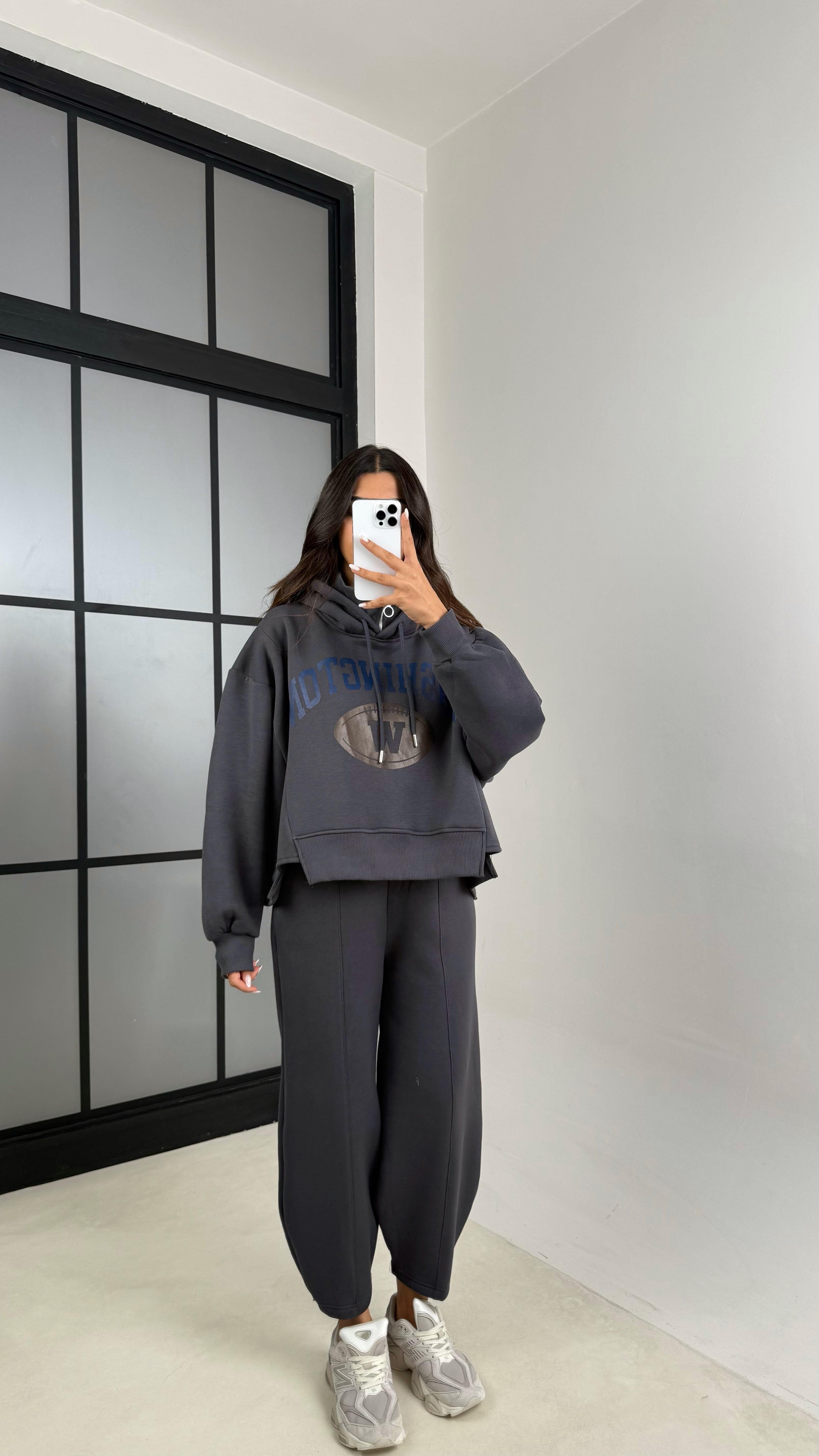 Antrasit Kapüşonlu Sweatshirt Beli Lastikli Pantolon 3 İplik Şardonlu Takım GAUS-00530GAUSTAKIMGAUS-00530