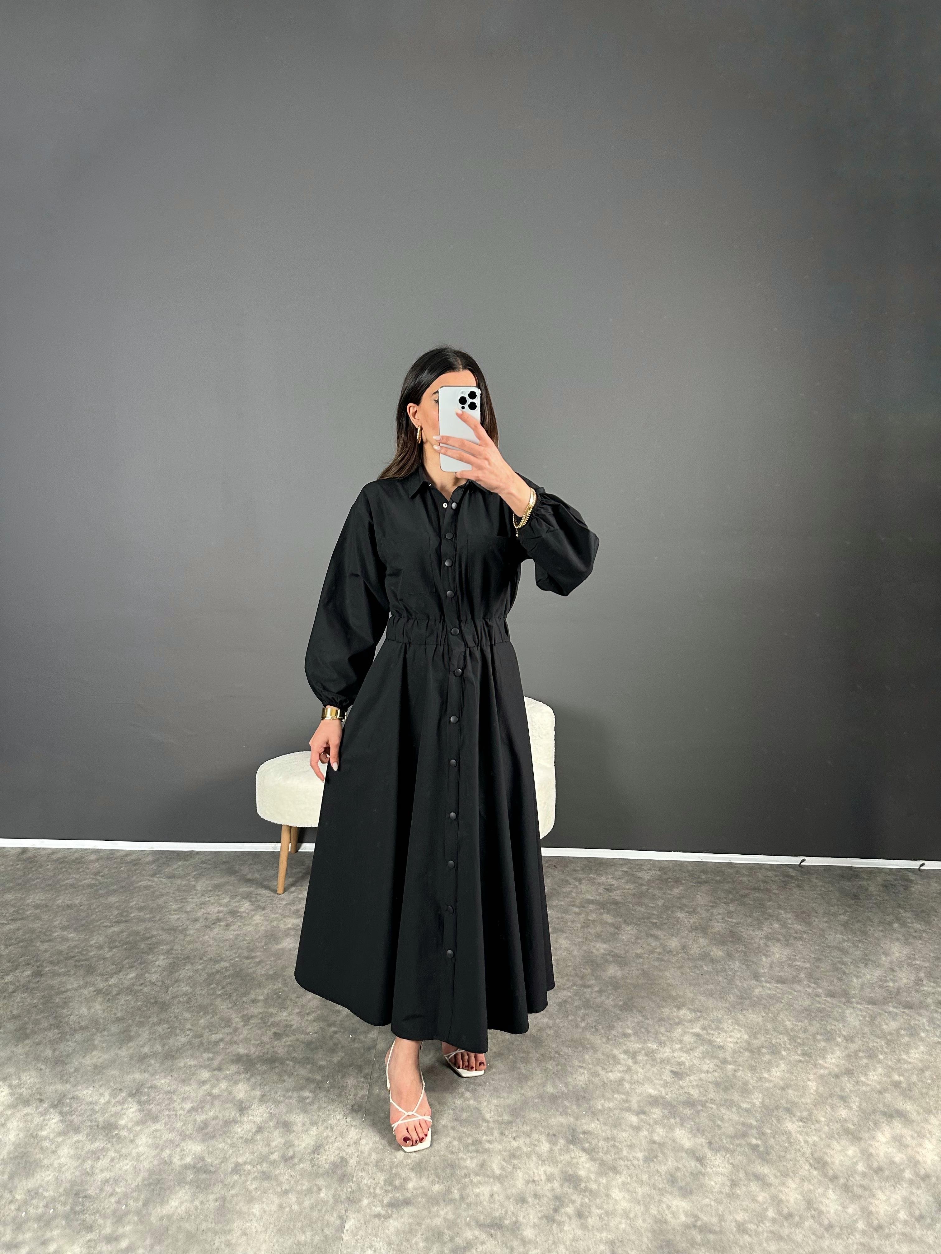 Nees Siyah Uzun Poplin Elbise 