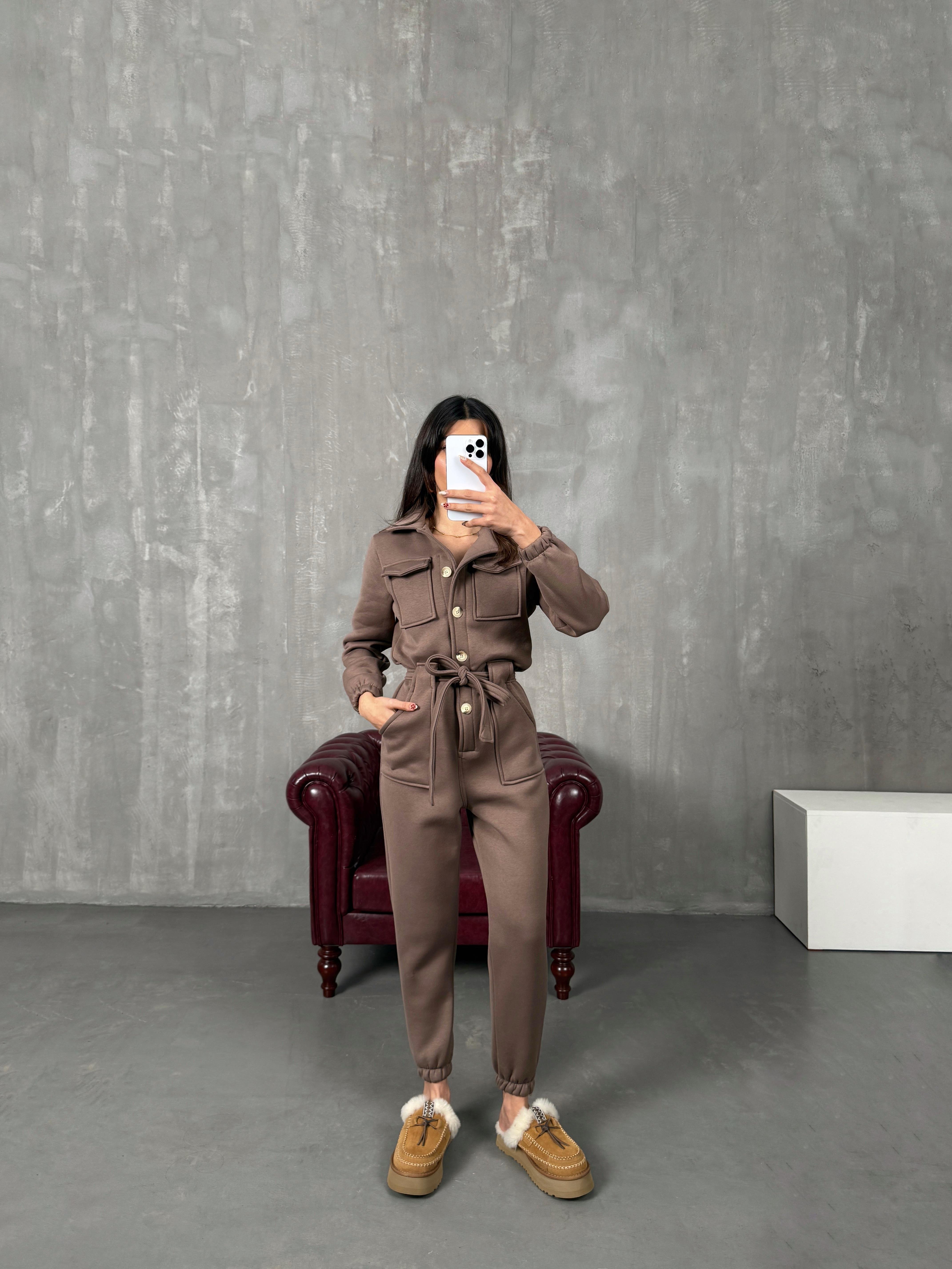 Nuga Kahve Kuşaklı Şardonlu TulumGausTULUMGU100181