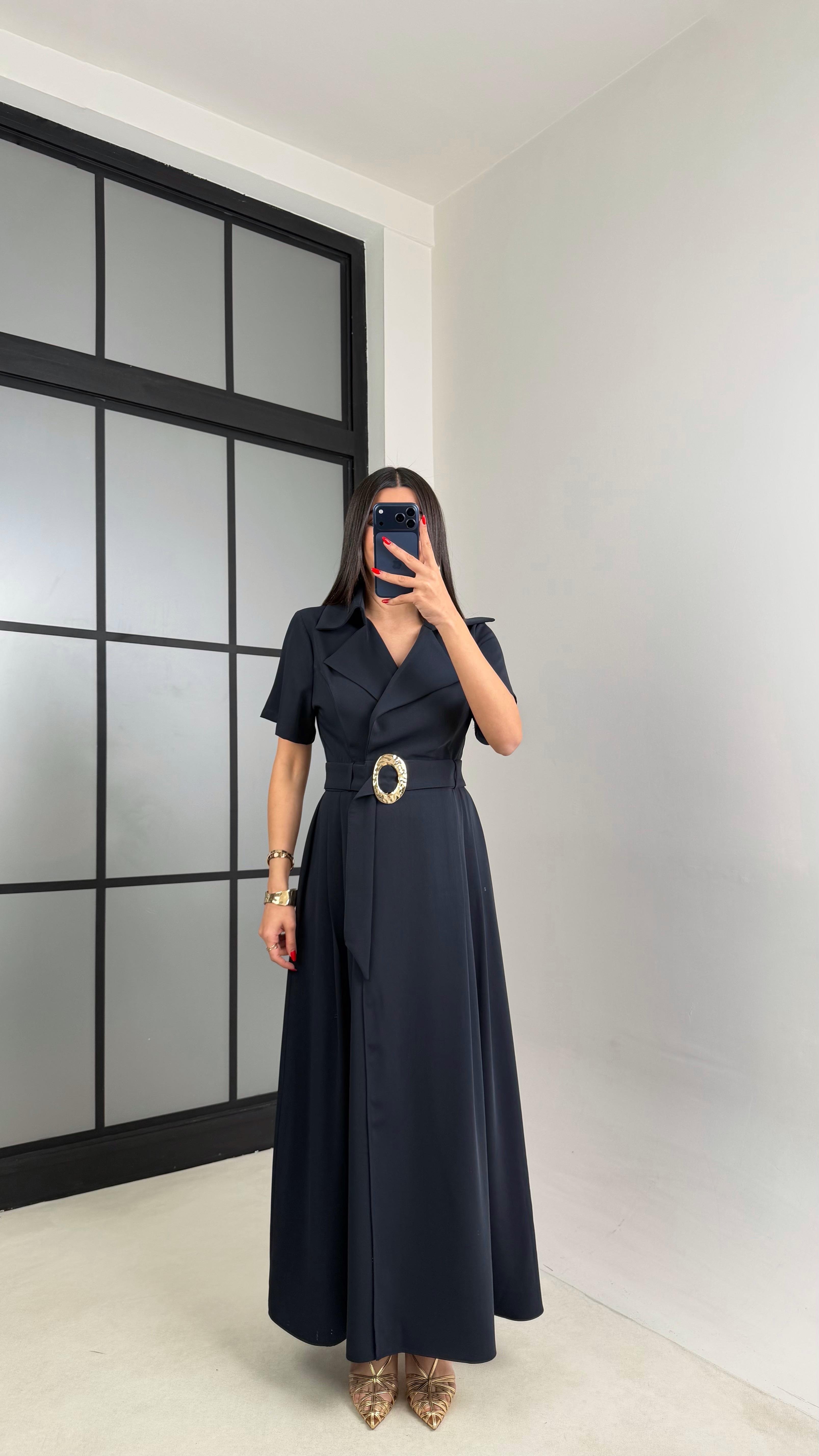 Lacivert Gold Toka Kuşaklı Krep Kumaş Uzun Elbise GAUS-00974GAUSDressesGAUS-00974