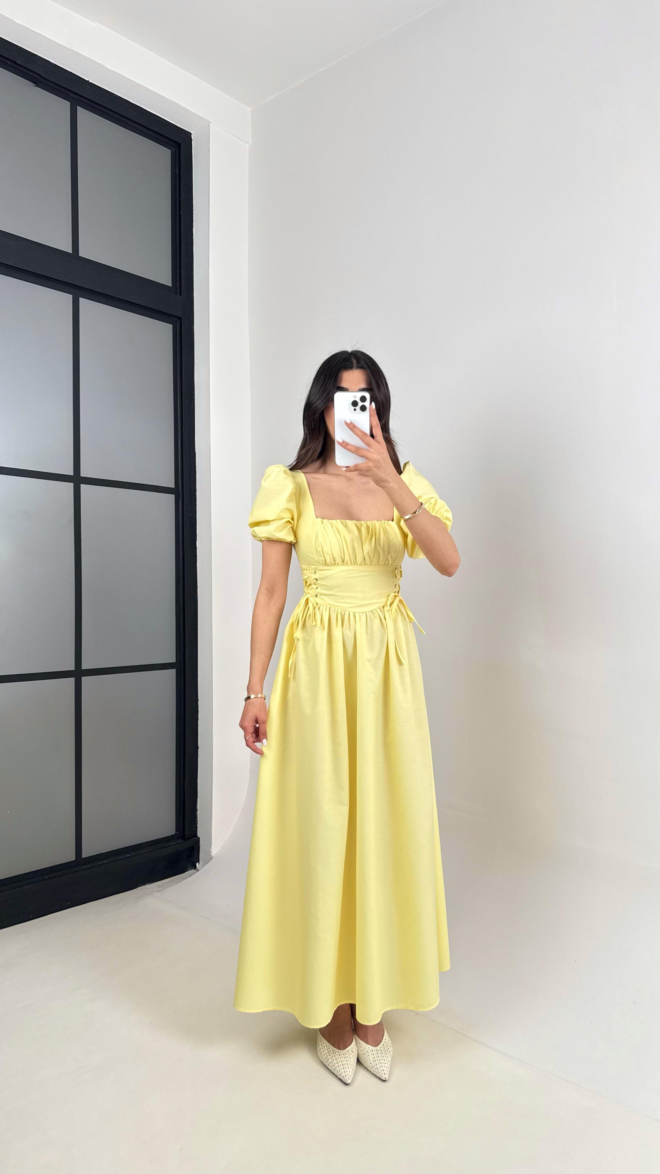 Sarı Balon Kol Önü Büzgülü İthal Kumaş Elbise Gaus00425GausELBİSEGU1001991