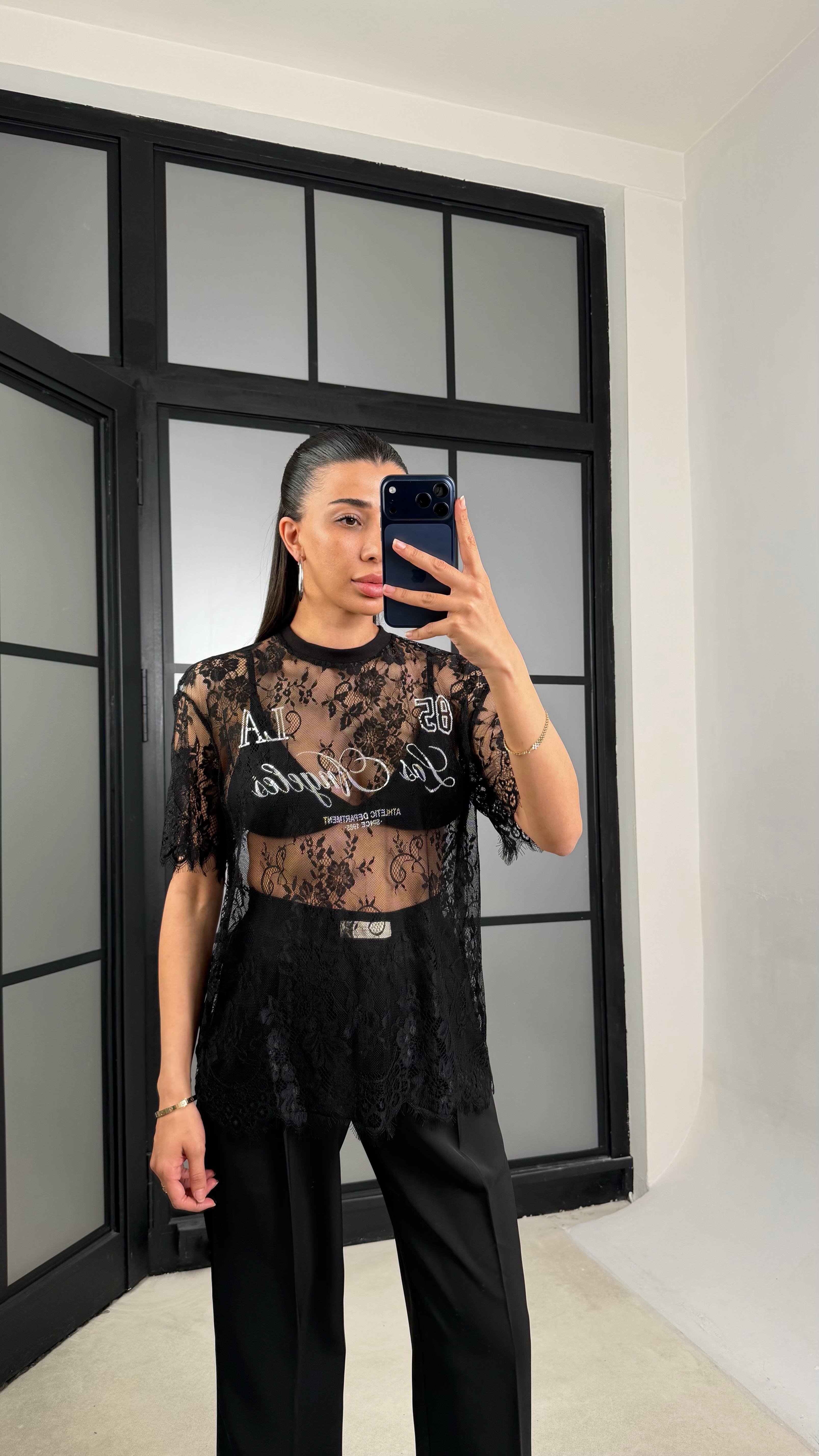 Siyah Muadil Yazılı Dantelli Tshirt GAUS-01492GAUSTshirtGAUS-01492