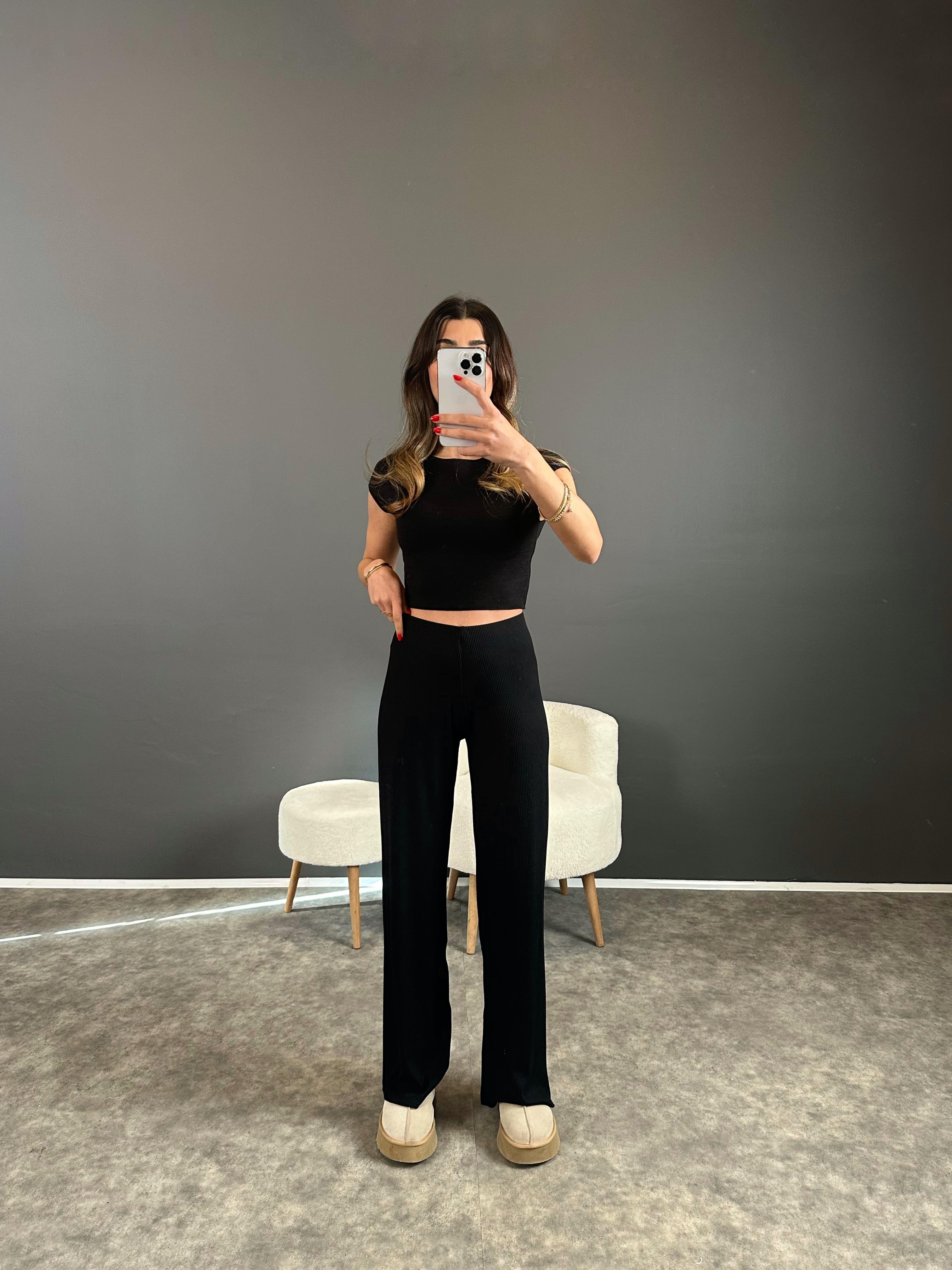 Siyah Fitilli Triko Pantolon GausPANTOLONGU004236