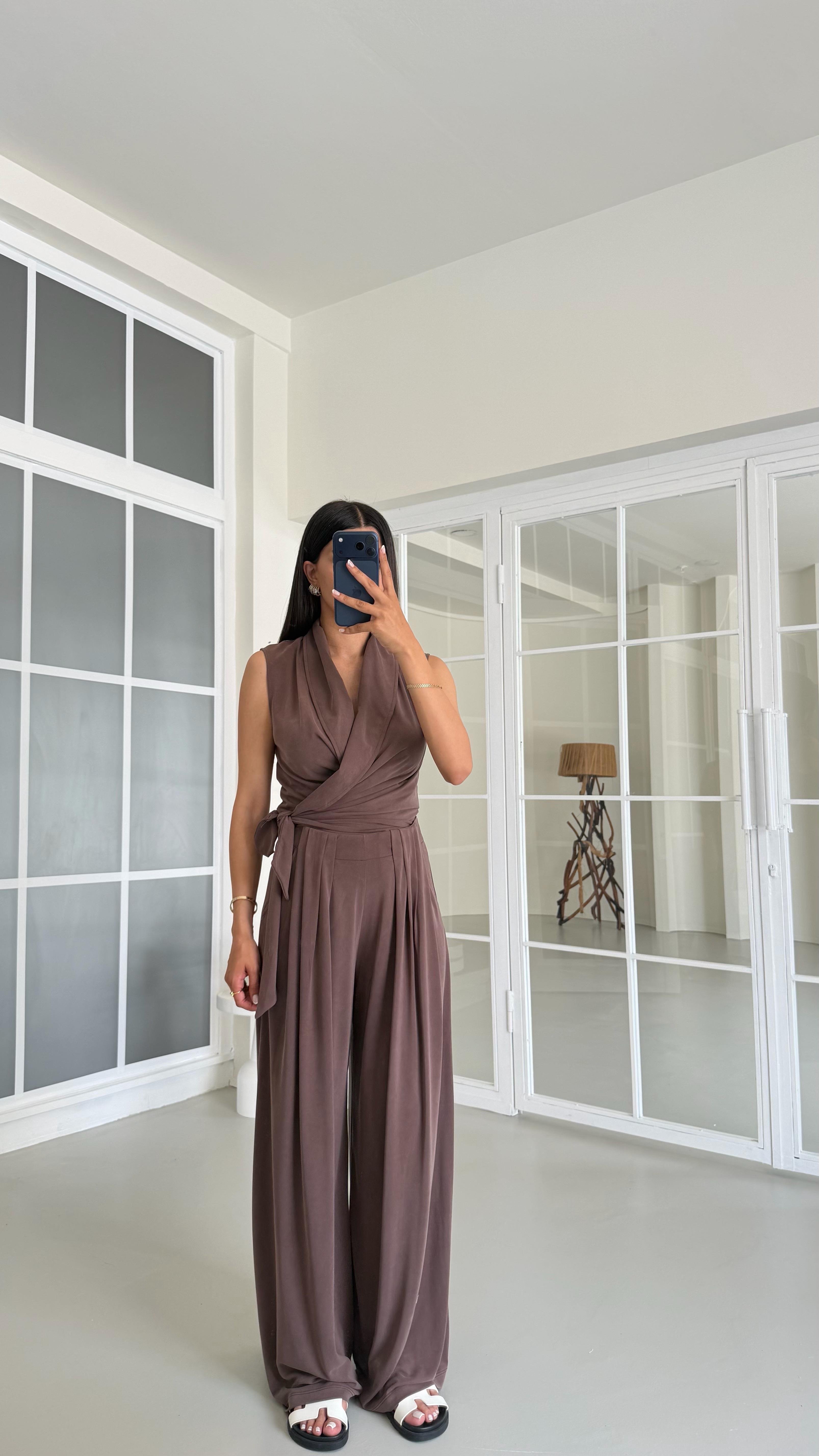 Kahve OYS Model Bağlama Detaylı Bluz Beli Lastikli Pantolon İkili Modal Takım GAUS-01662GAUSSuitsGAUS-01662
