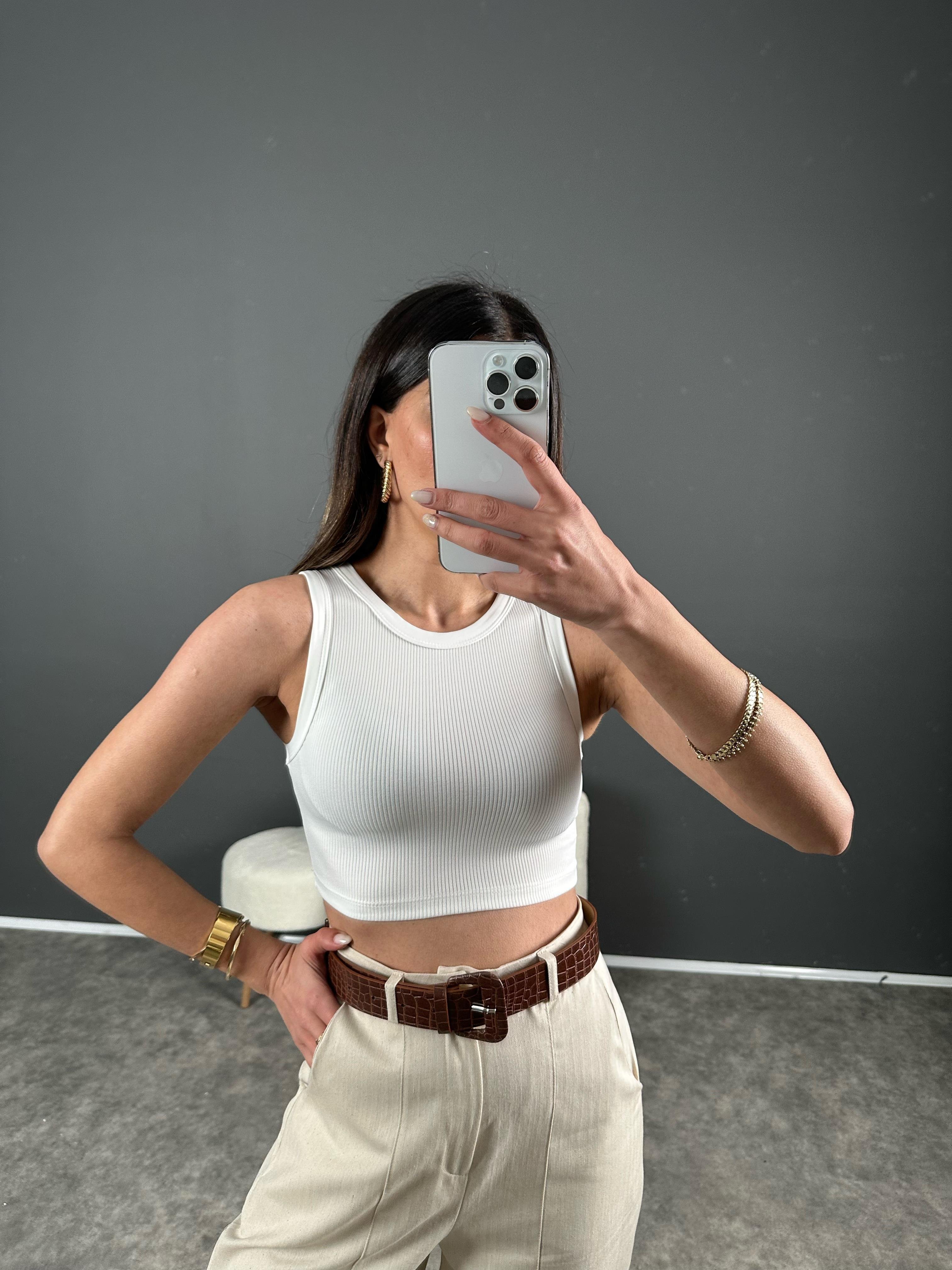 Beyaz Fitilli Atlet Crop