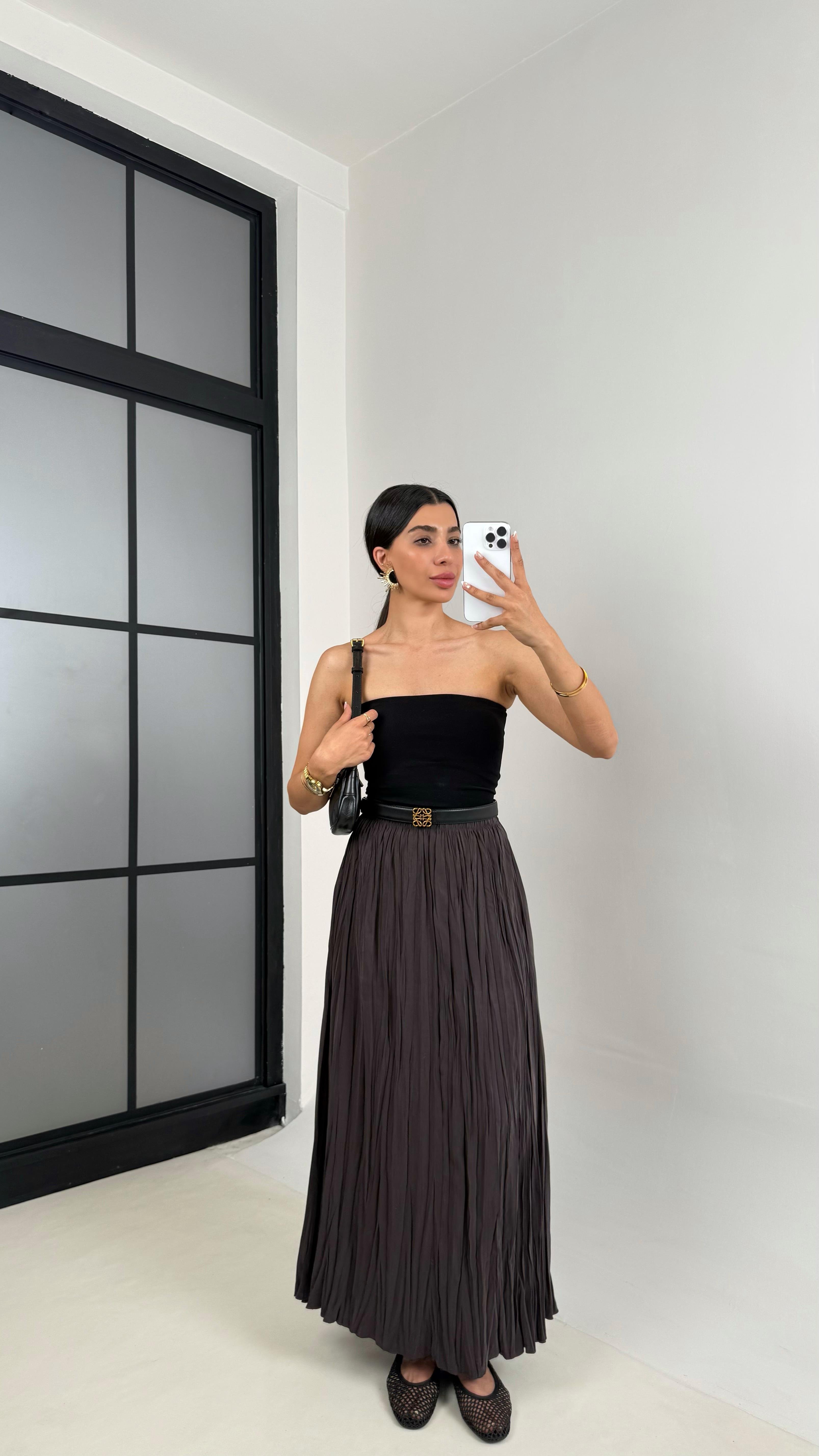 Kahve Kırışık Kumaş Maxi Boy Tencel Etek Gaus00552GausETEKGU1002287