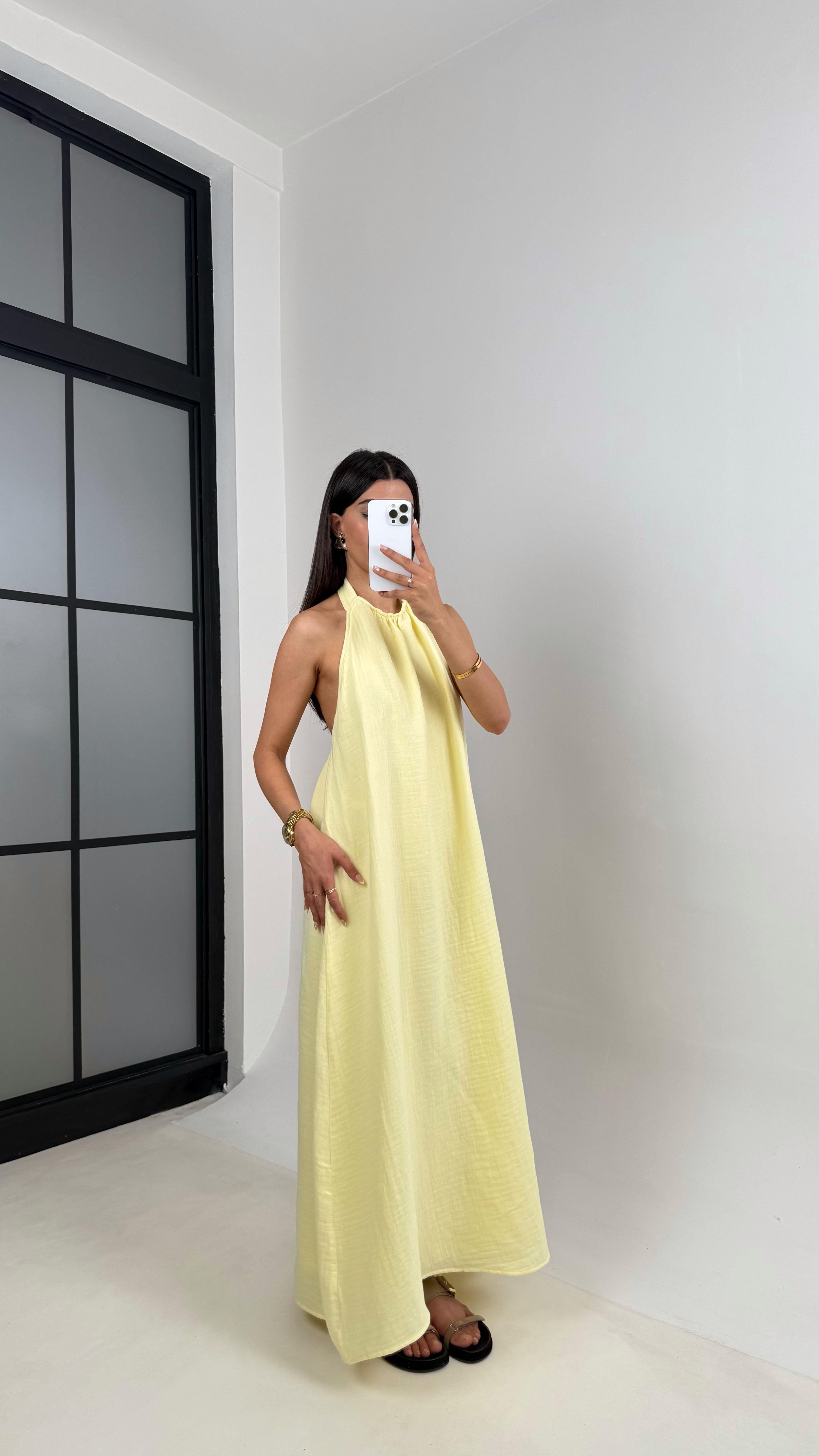 Sarı Boyundan Bağlamalı Müslin Elbise Gaus00588GausELBİSEGU1002374