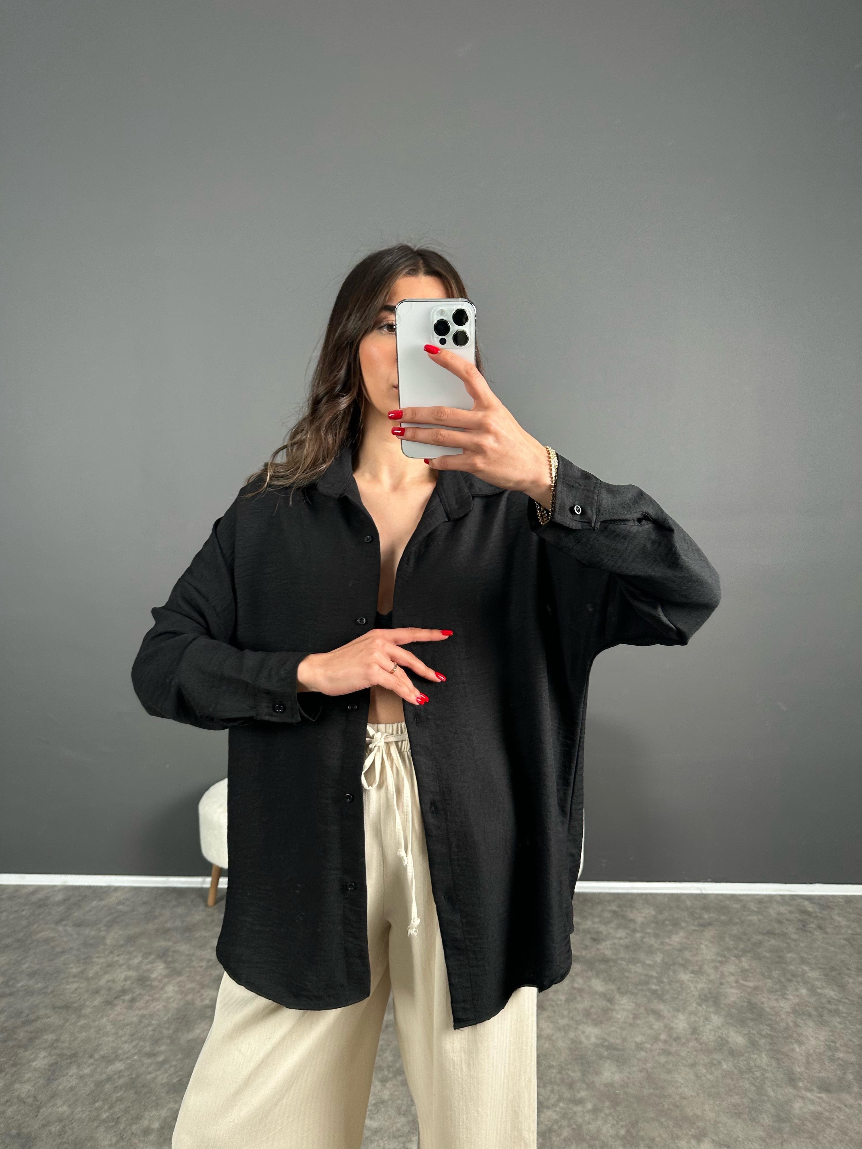 Daria Siyah Keten Oversize GömlekGausGÖMLEKGU007109