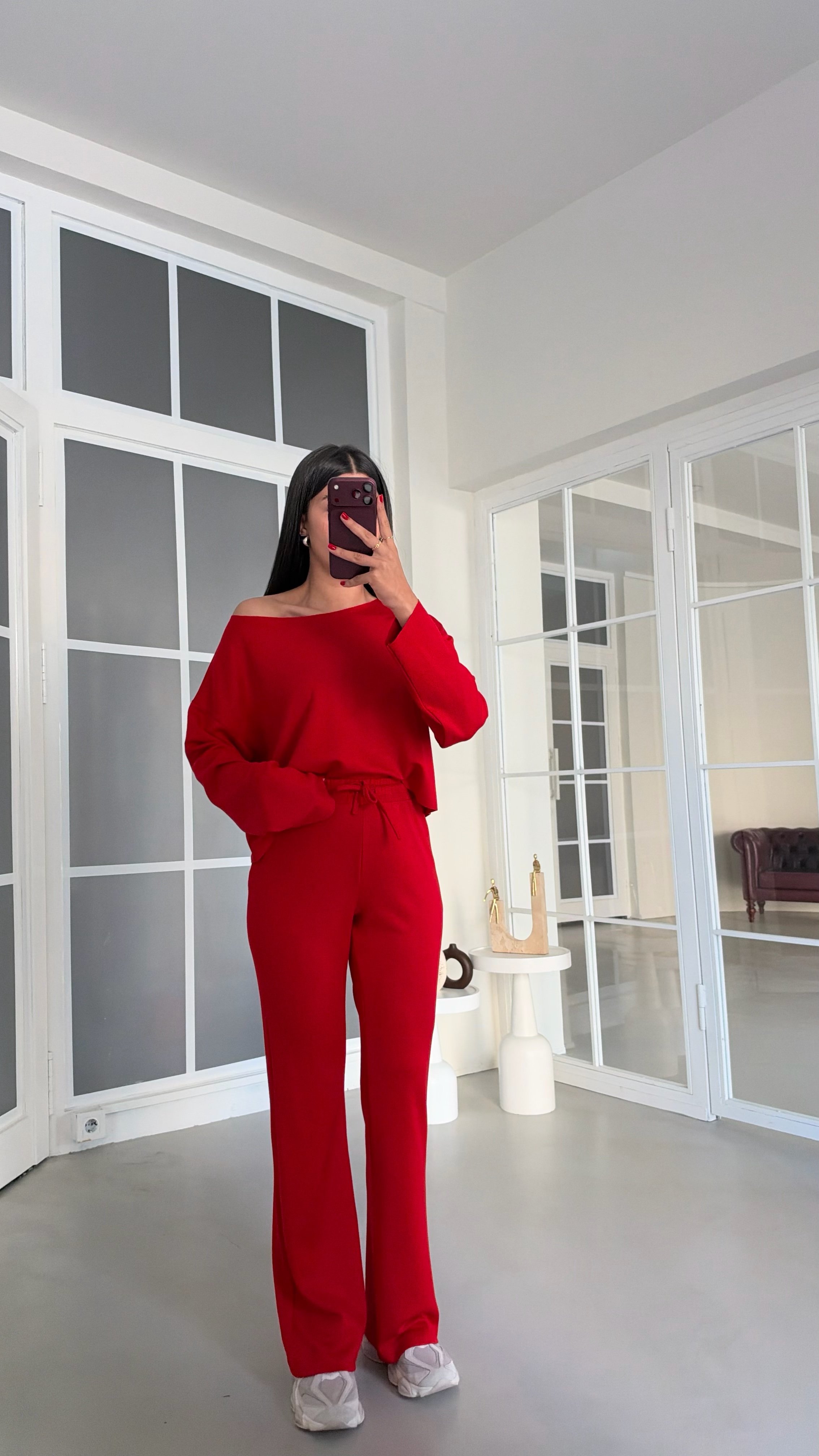 Kırmızı Kayık Yaka Bluz Beli Lastikli Pantolon İkili Modal Takım GAUS-02168GAUSTAKIMGAUS-02168