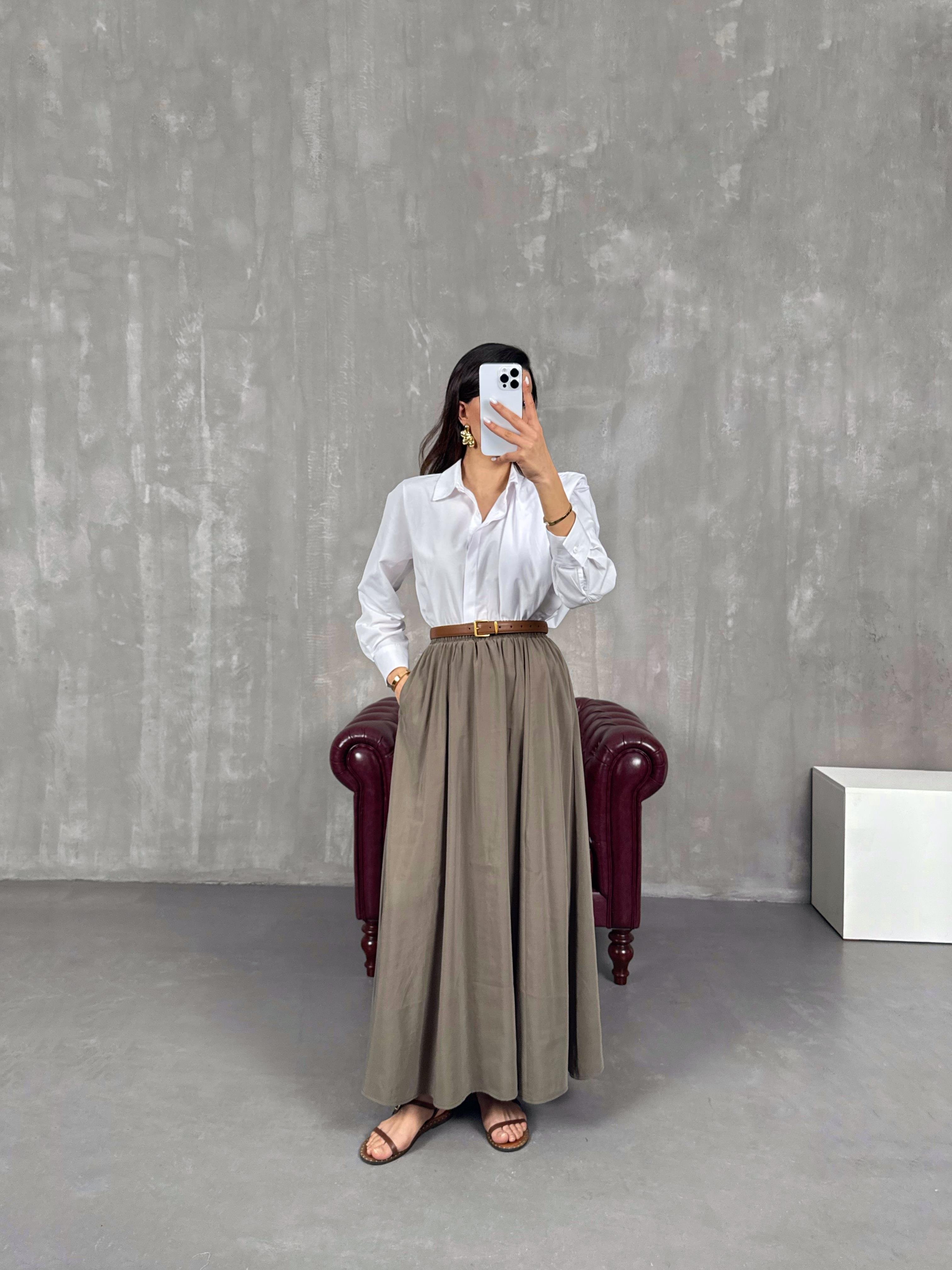 تنورة قماش تينسيل لون كاكي مع جيب Gaus00035