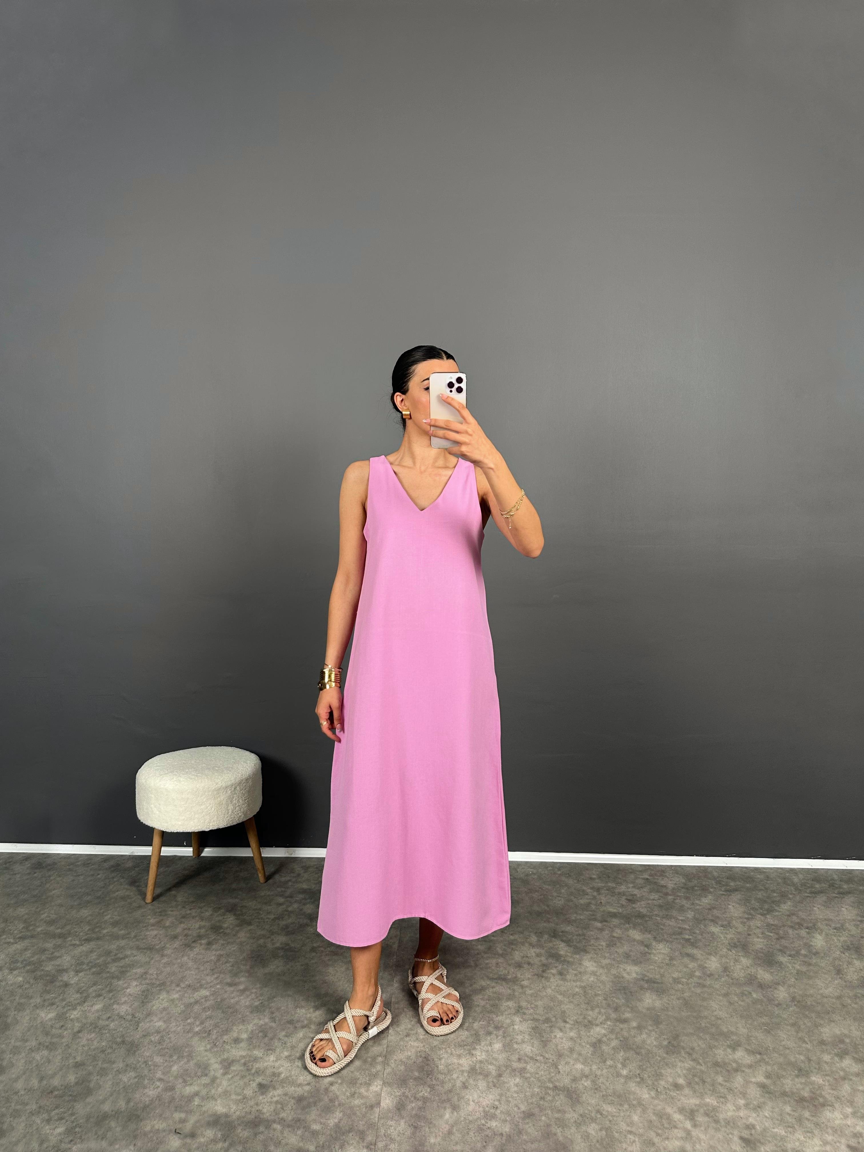 Tua Pembe Uzun Basic Keten ElbiseGausELBİSEGU008462