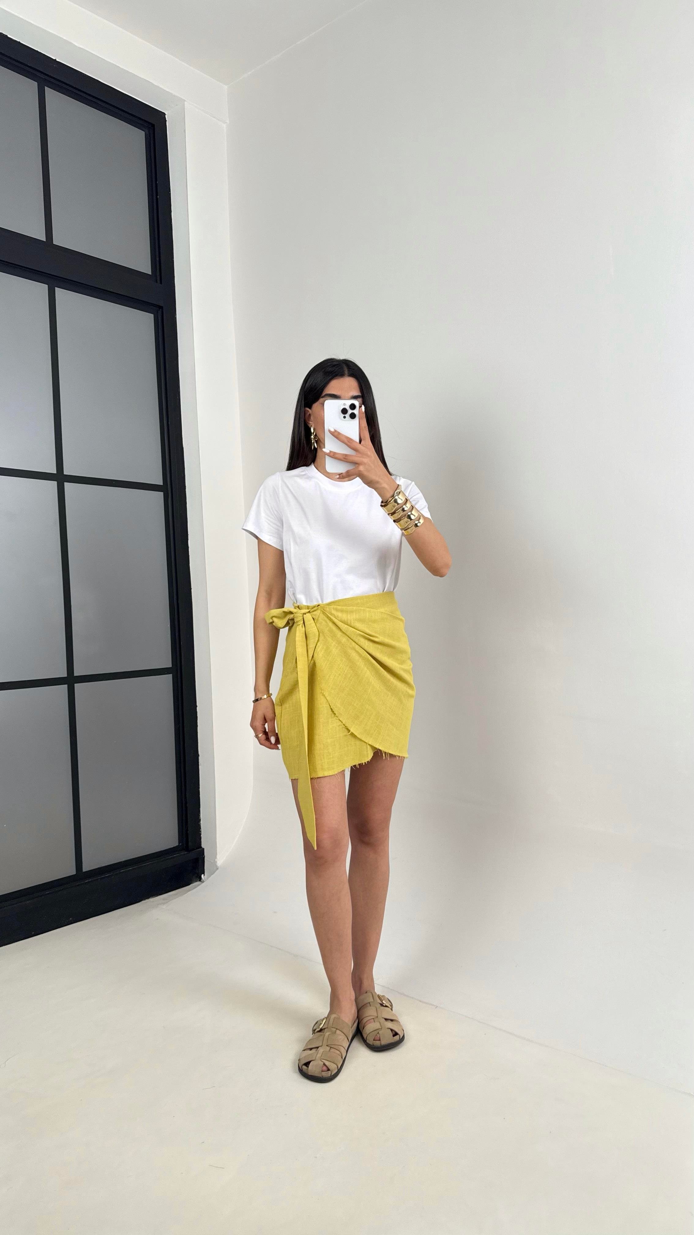 Sarı Yan Bağlama Detaylı Keten Etek Gaus00435GausETEKGU1002027