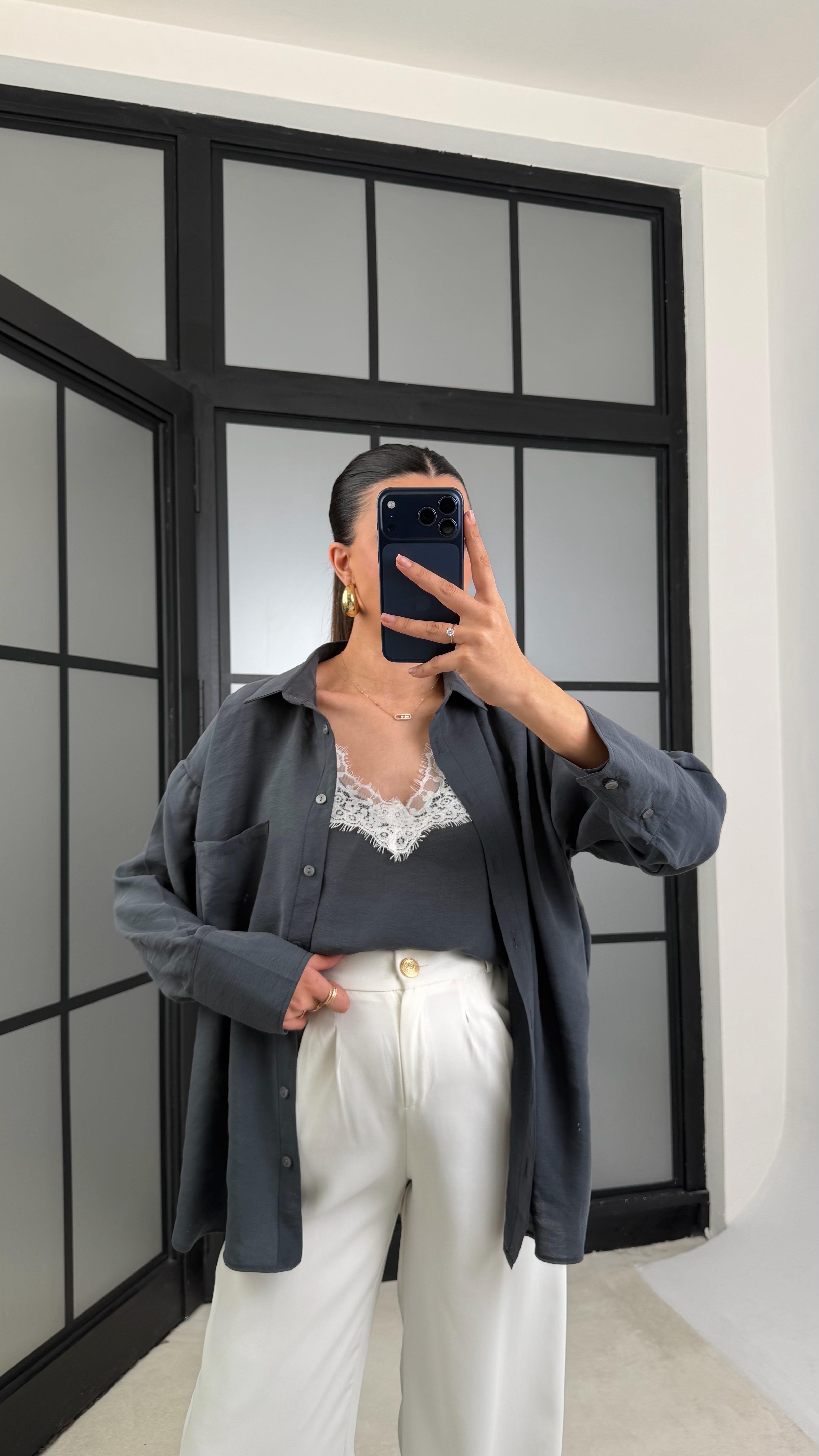 Antrasit Dantel Detaylı Birleşik Atlet Gömlek İkili Tencel Gömlek  GAUS-01181GAUSTAKIMGAUS-01181