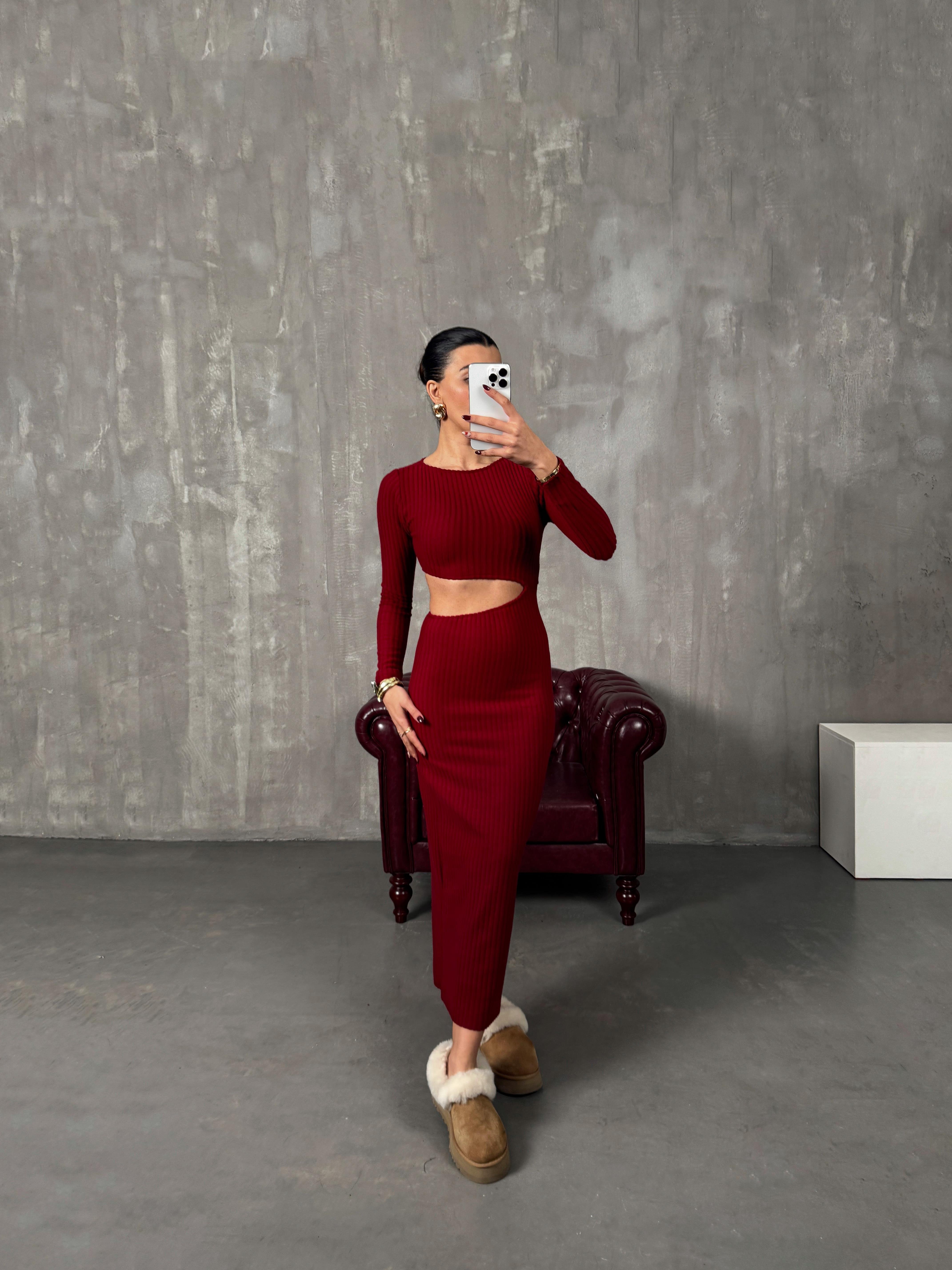 Loneva Bordo Belden Dekolteli Fitilli Yumuşak Triko ElbiseGausELBİSEGU00904392