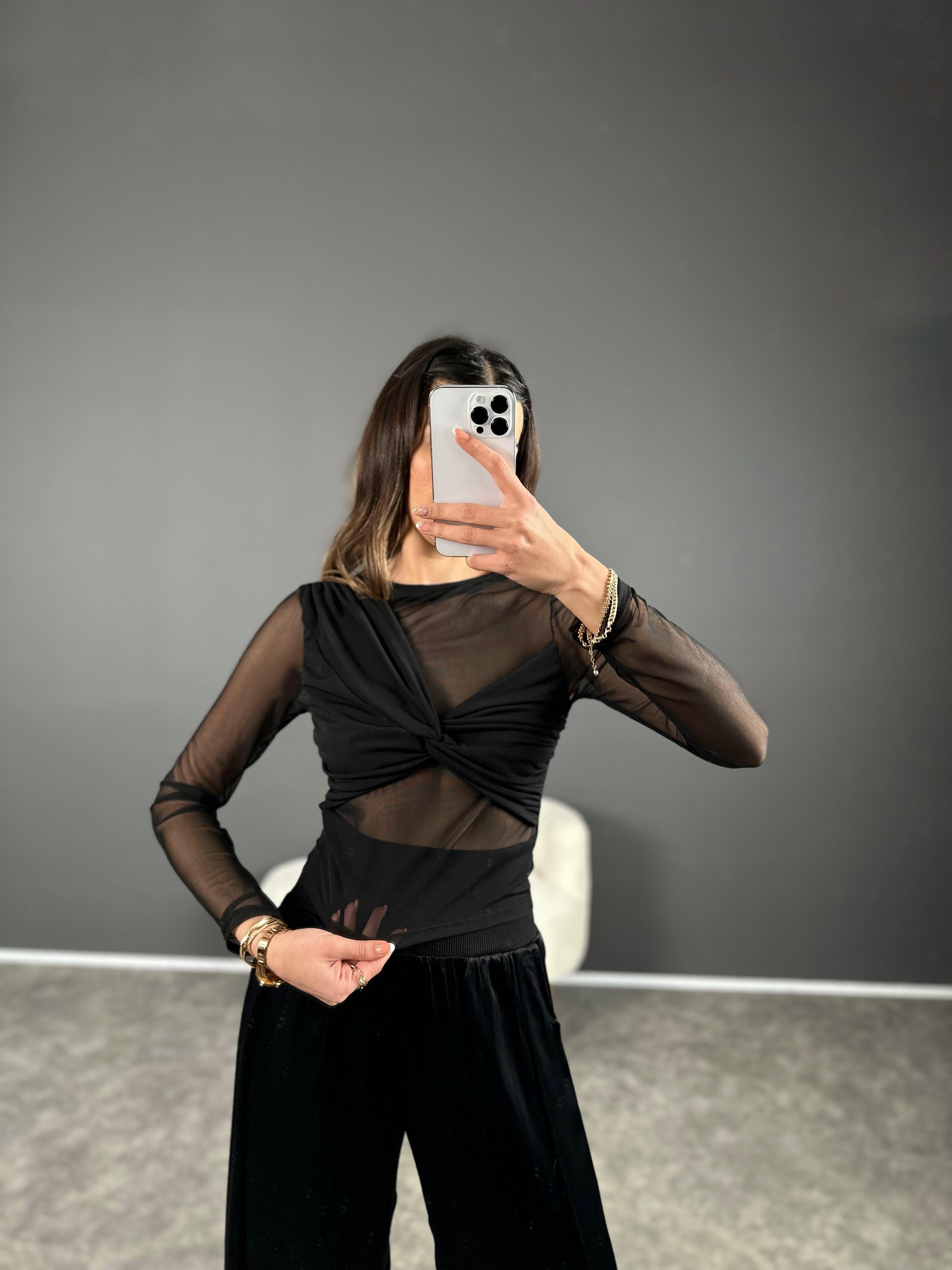 Siyah Transparan Tül Bluz 