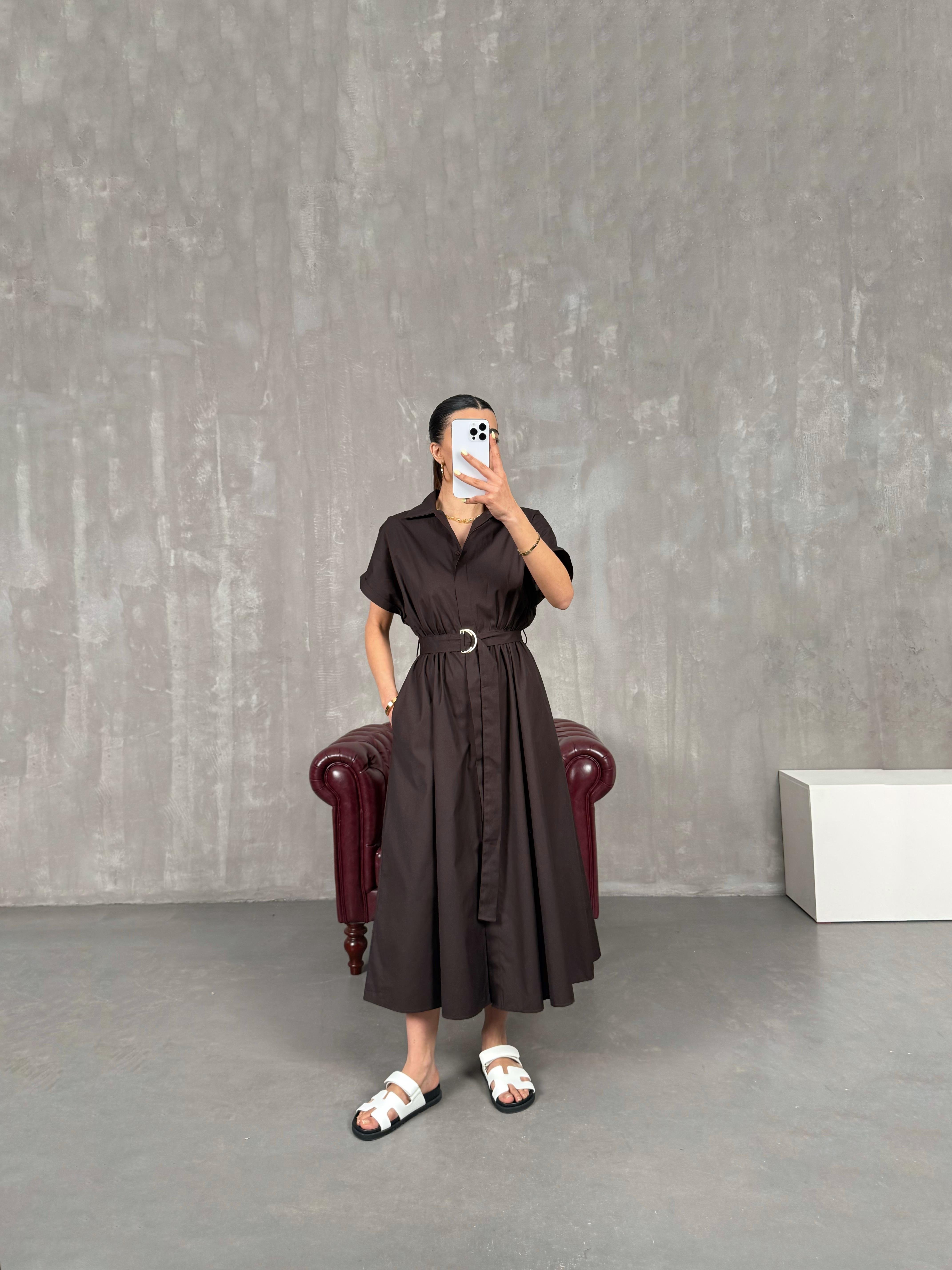 Acı Kahve Kuşaklı Beli Lastikli Poplin Gömlek Elbise Gaus00083