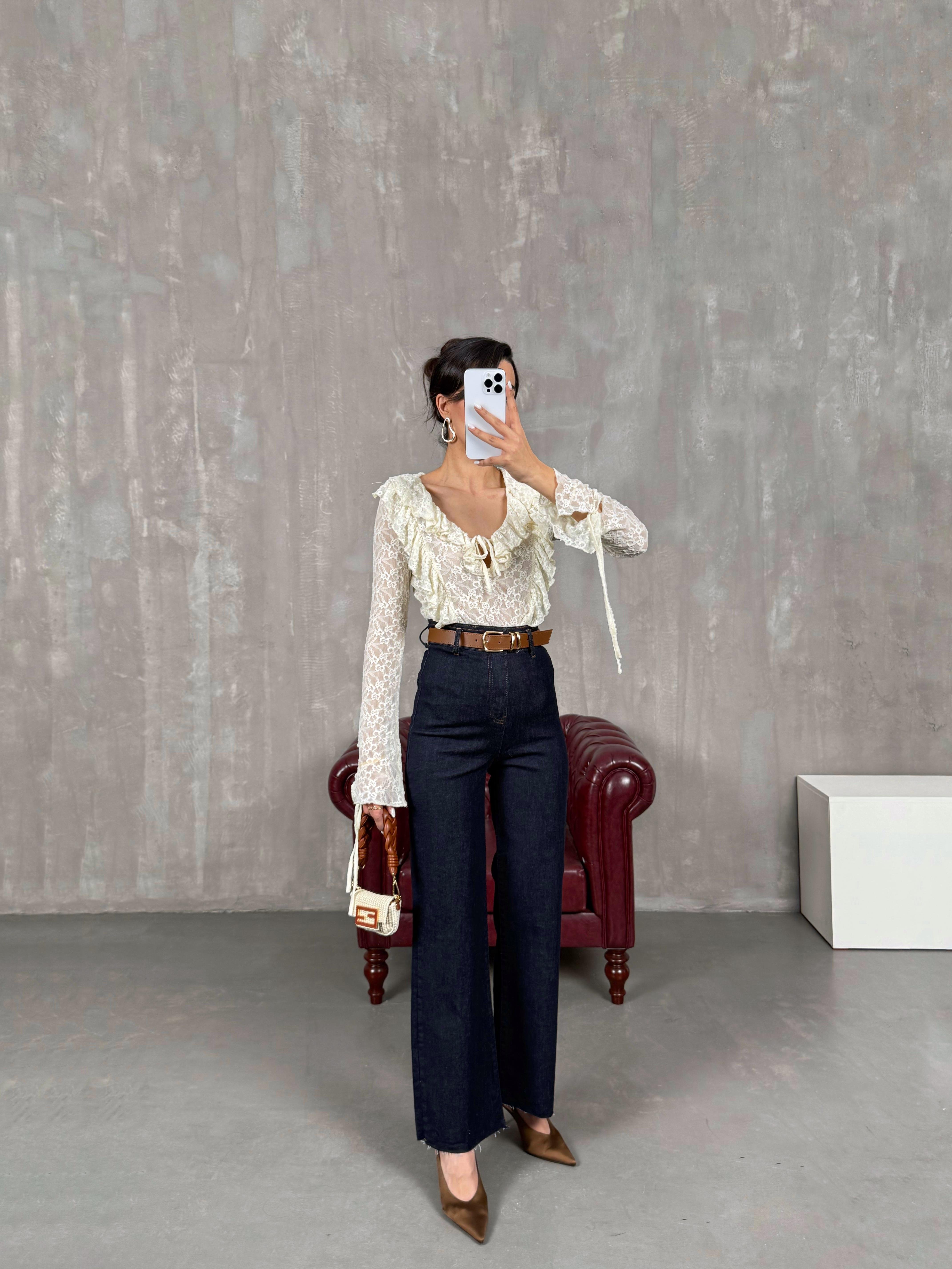 Lacivert Kesik Paça Kemerli Jean Gaus00049