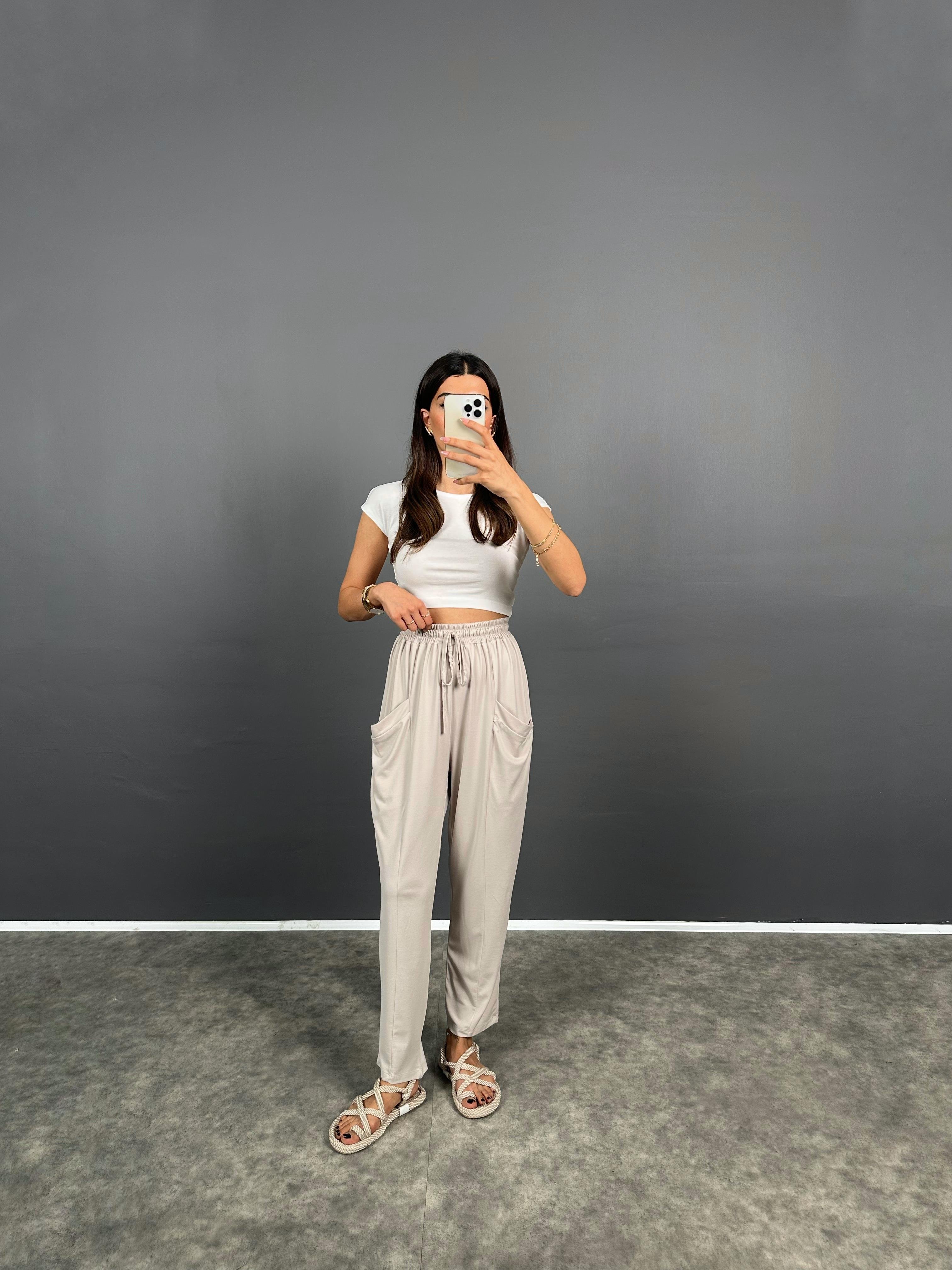 Pilea Beli Lastikli Önden Cepli Rahat Kumaş Taş Şalvar Pantolon