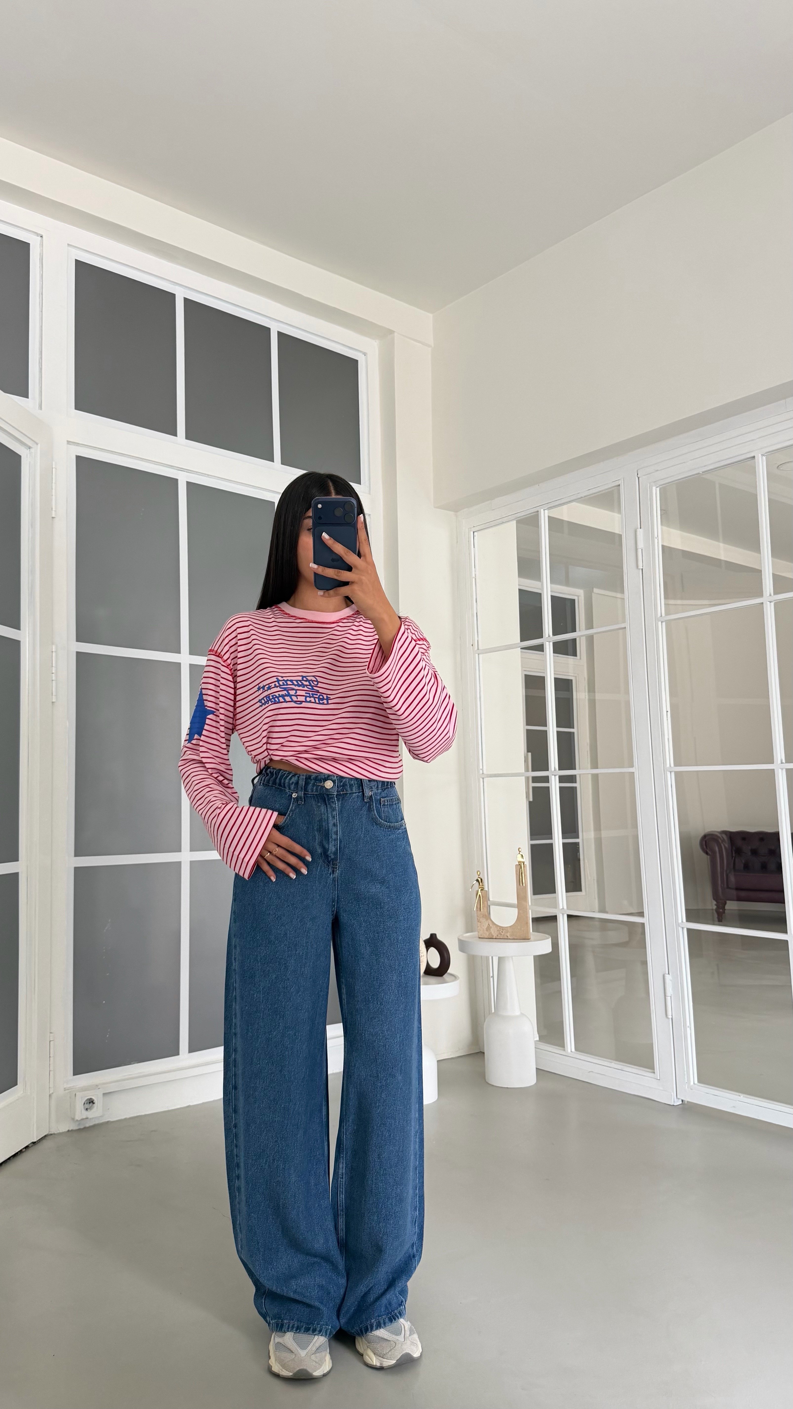 Koyu Mavi Beli Lastikli Geniş Paça Jean GAUS-01876GAUSDenim PantsGAUS-01876