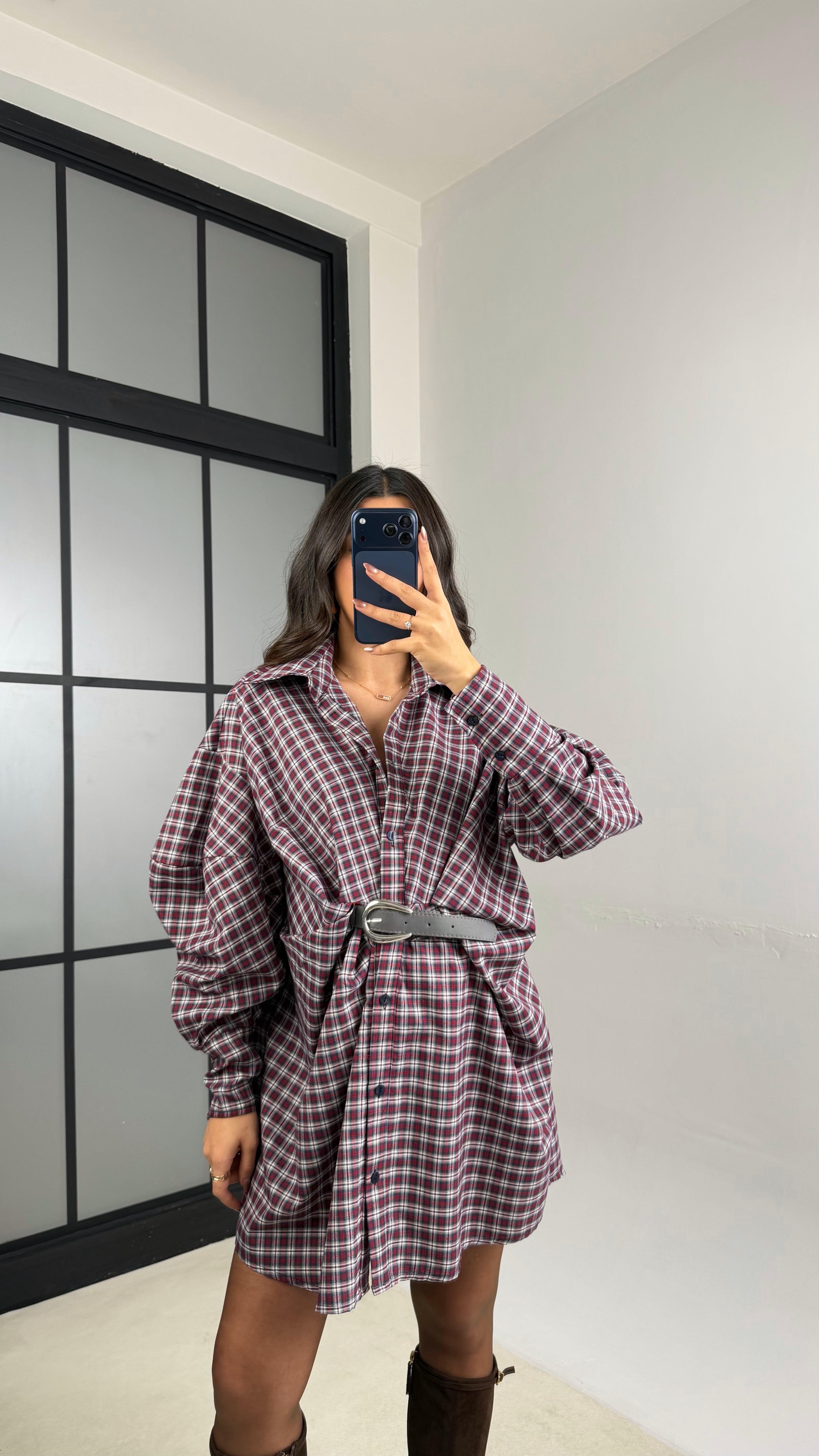 Bordo Ekose Desenli Kemerli Tasarım Elbise GAUS-01162GAUSDressesGAUS-01162