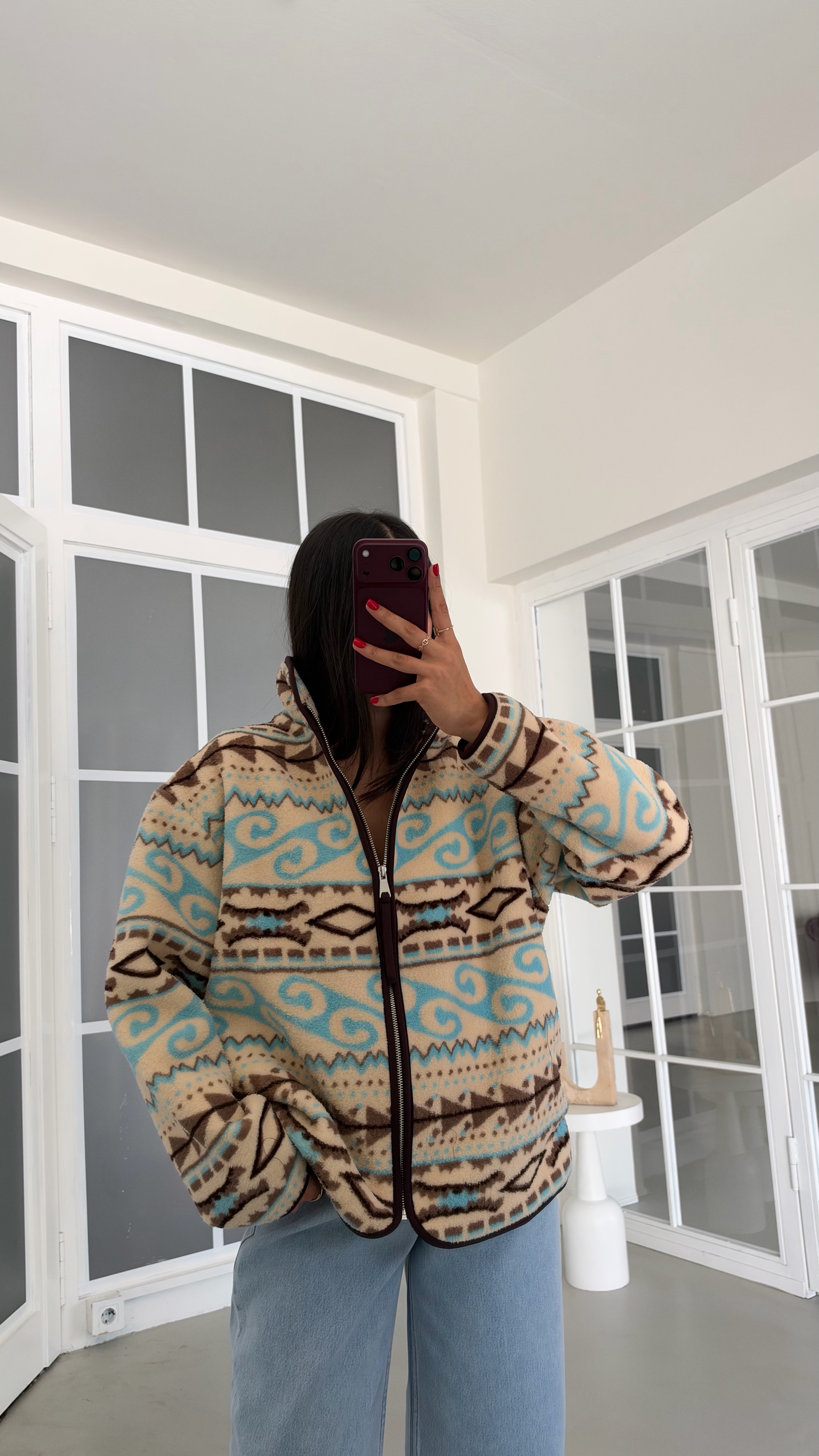 Turkuaz Vintage Desenli Fermuarlı Polar Sweatshirt GAUS-01916 GAUS-02224GAUSSWEATSHIRTGAUS-02224