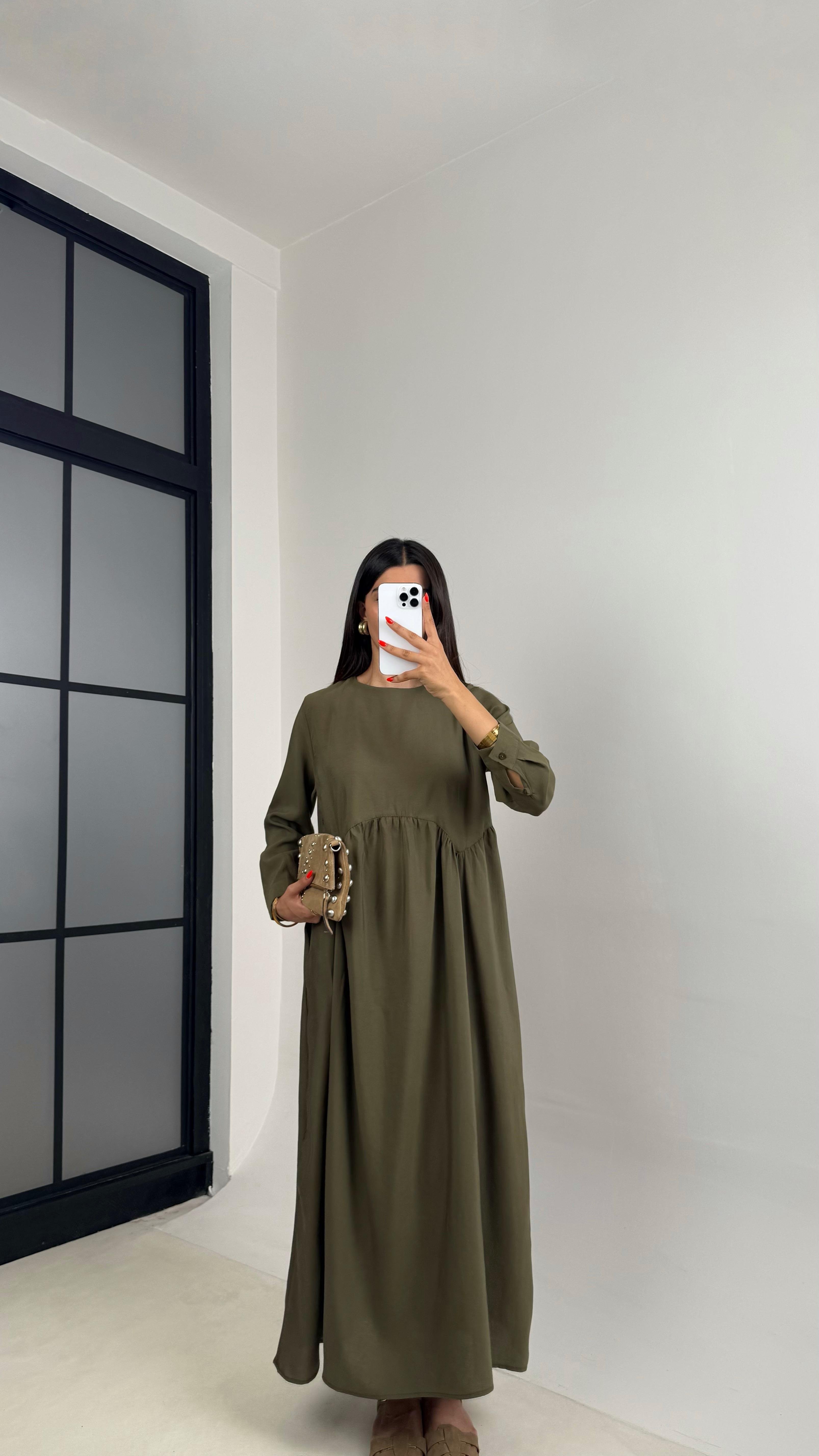 Haki Altı Balon Uzun Kol Cep Detaylı Tencel Pinterest Elbise GAUS-0025GAUSELBİSEGAUS-0025