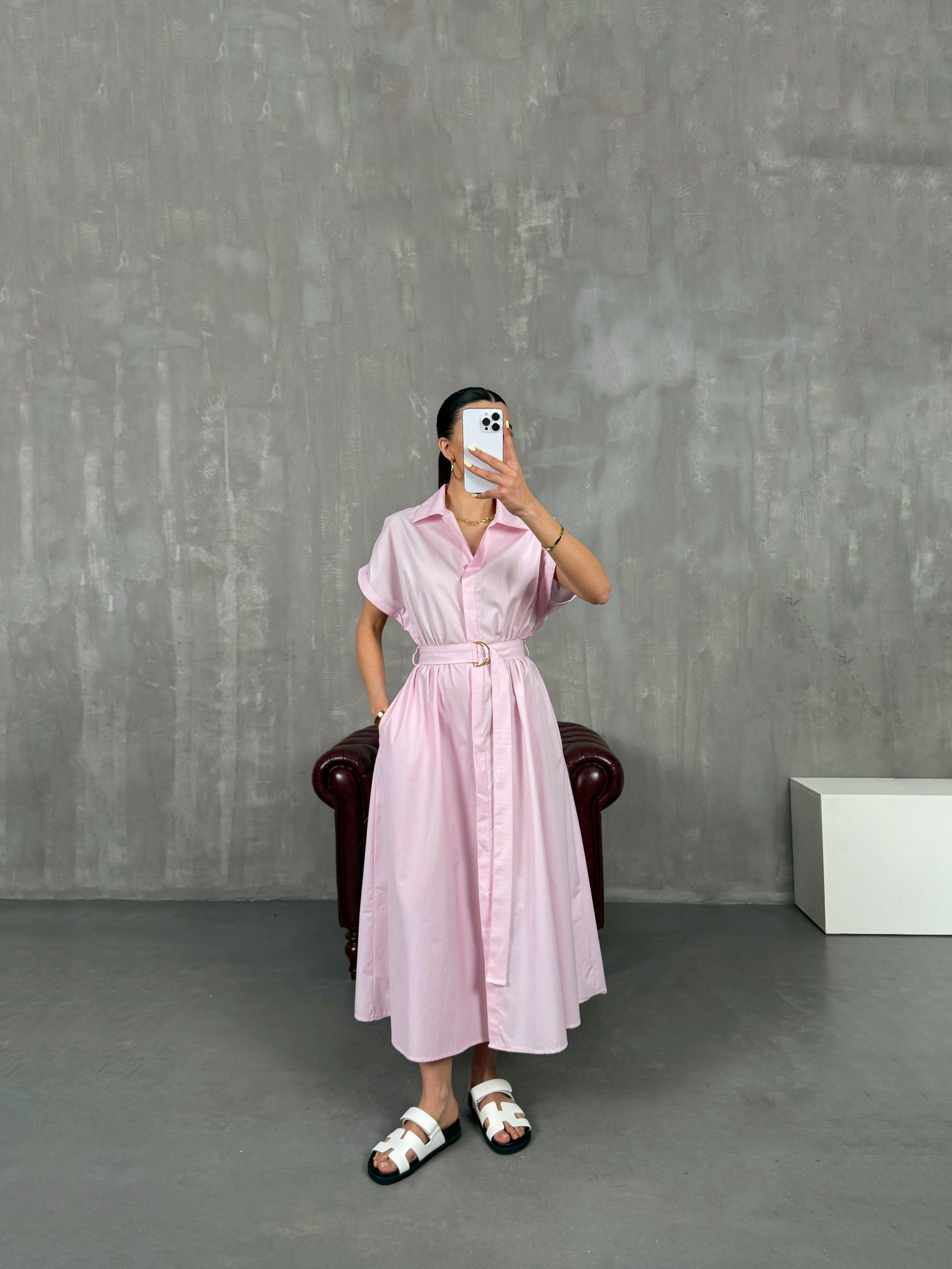 Pembe Kuşaklı Beli Lastikli Poplin Gömlek Elbise Gaus00083GausELBİSEGU1001197